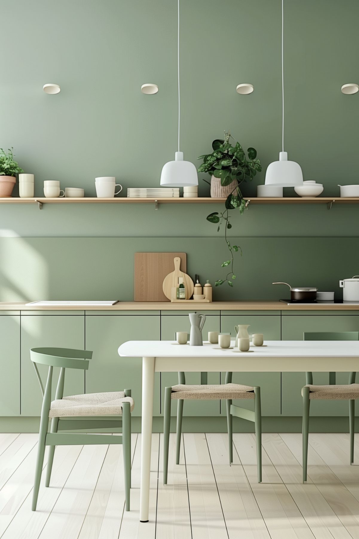 Charming kitchen with sage green cabinetry, a light wood open shelf styled with neutral decor and greenery, white pendant lights, and a minimalist dining table with matching green chairs, offering a fresh and earthy vibe.