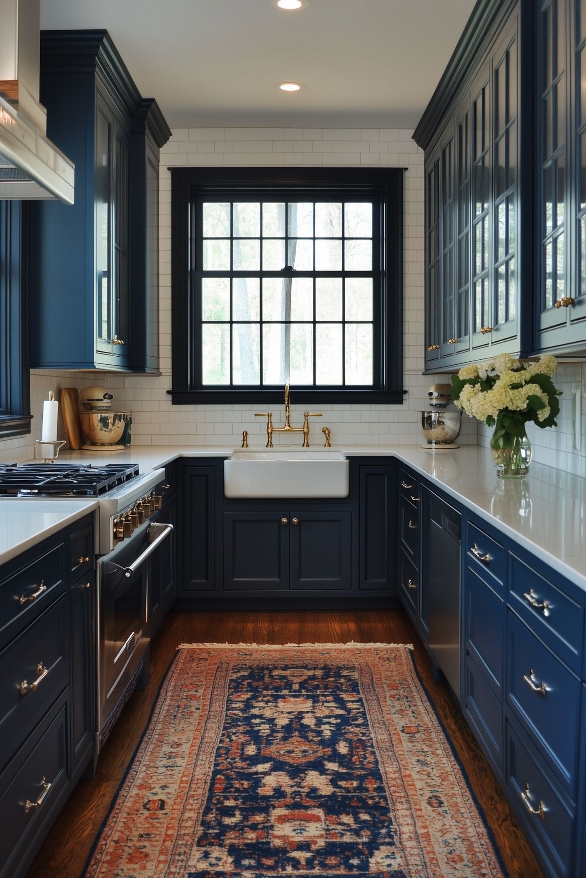 Classic kitchen with navy blue shaker cabinets, farmhouse sink, brass fixtures, and white subway tile backsplash; a patterned rug and large window add warmth and charm to the narrow space.