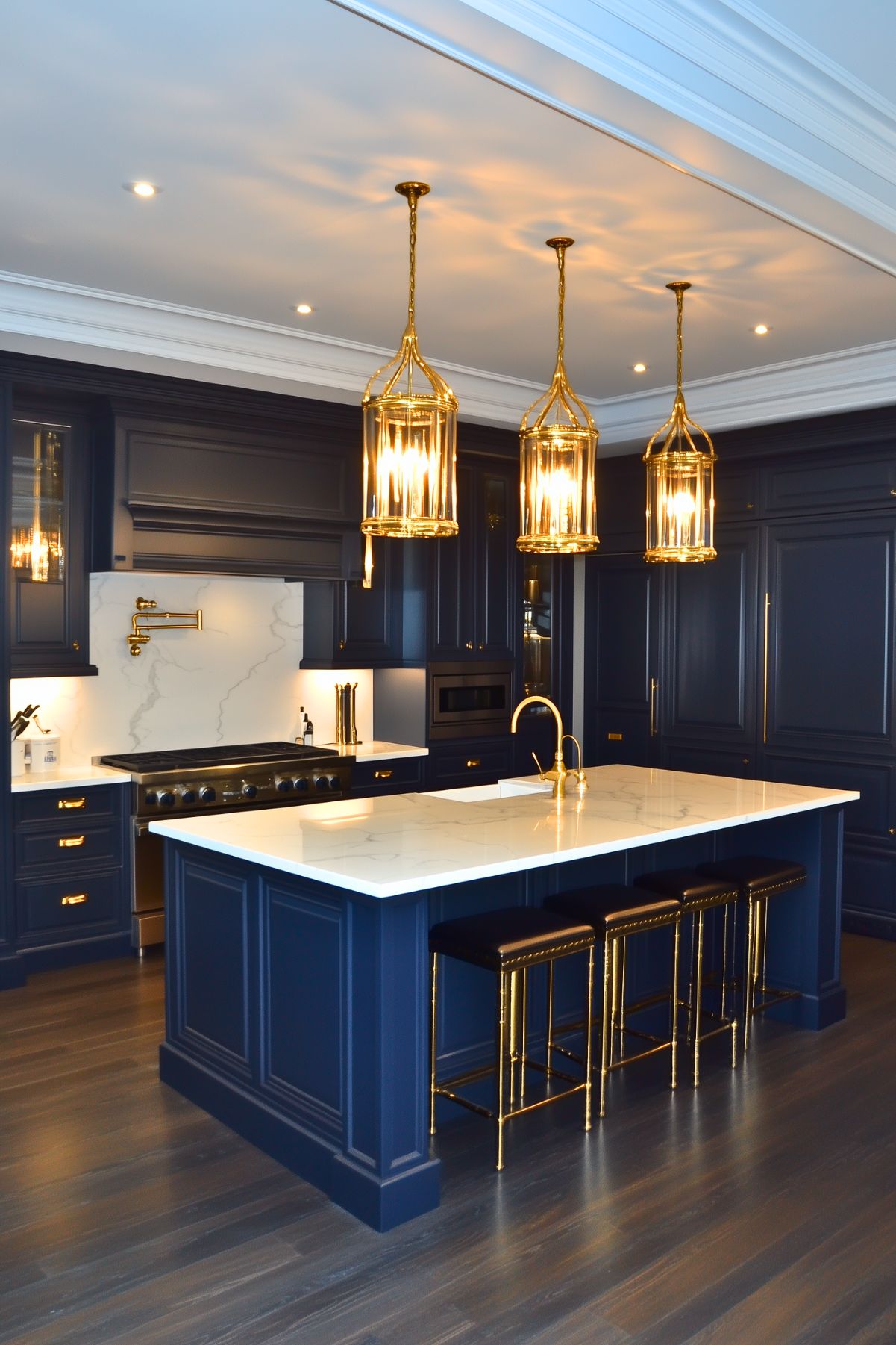 Sophisticated navy blue kitchen with a large white island, brass fixtures, and elegant gold lantern pendant lights; features a marble backsplash and dark wood flooring for a luxurious, refined look.