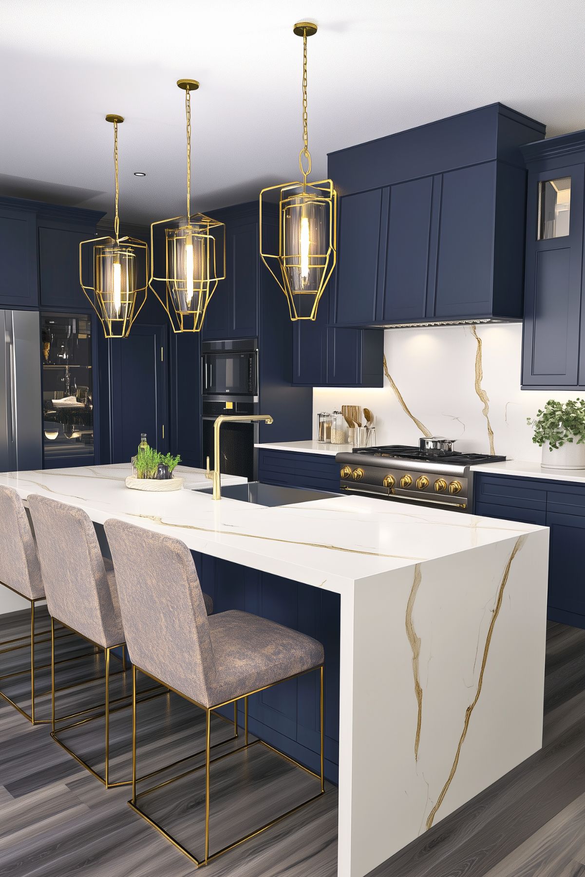 Modern navy blue kitchen with gold accents, featuring a sleek white waterfall island with gold veining, geometric pendant lights, and plush seating; the design exudes elegance and sophistication.