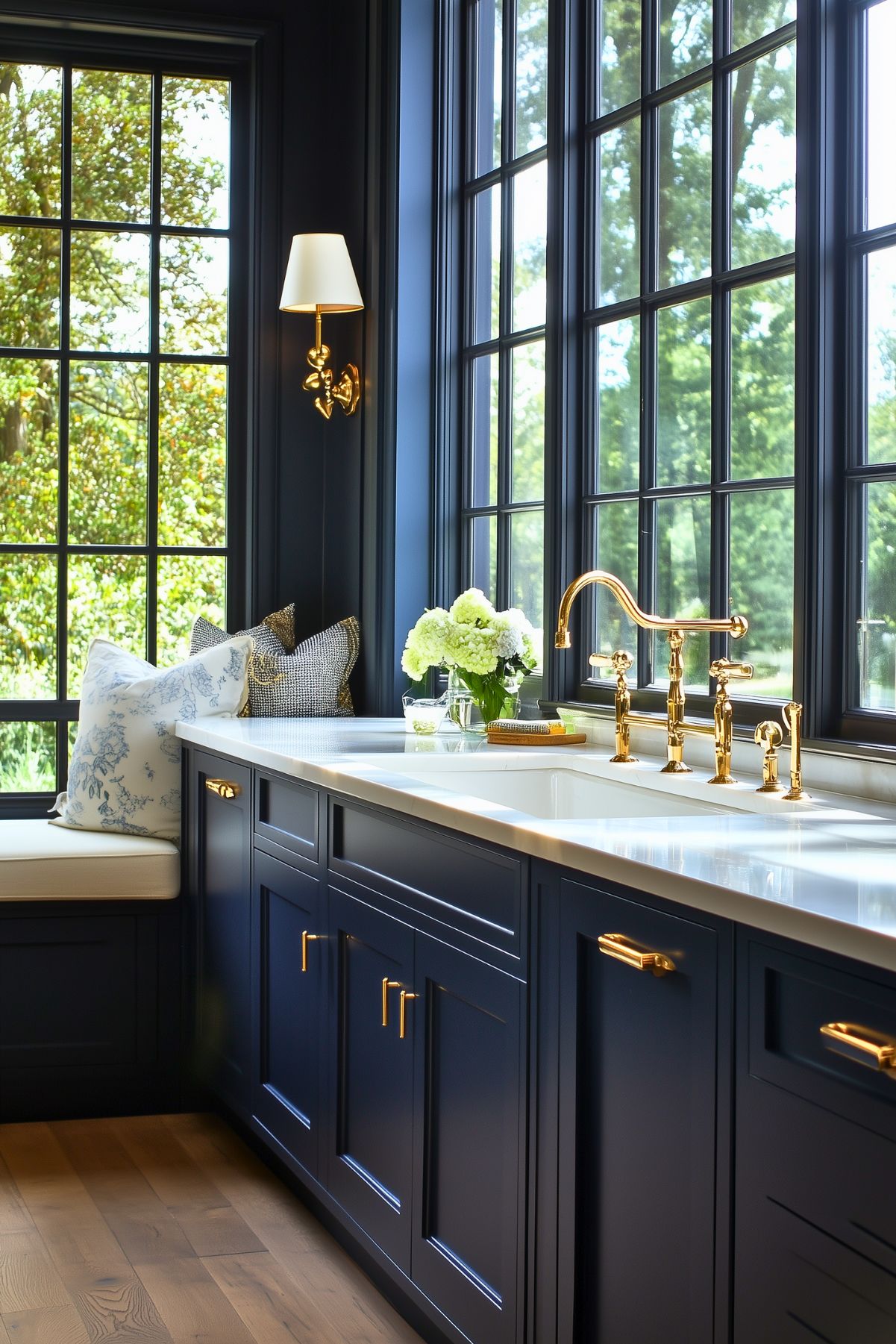 Elegant navy blue kitchen with large windows, brass fixtures, and a white countertop; a cozy window seat with decorative pillows and a wall-mounted sconce adds warmth and charm to the space.