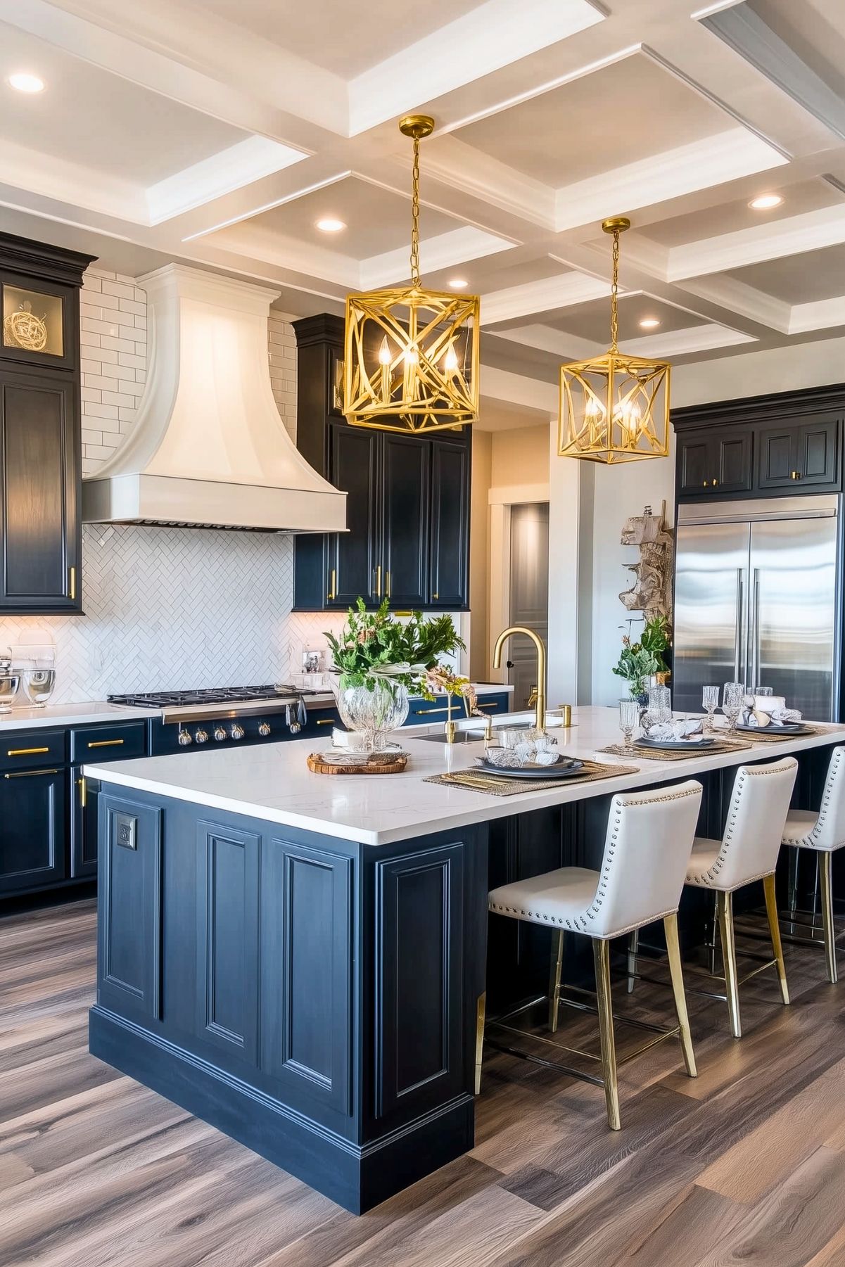 Elegant navy blue kitchen with gold accents, a white range hood, coffered ceiling, and large island with white seating; features gold pendant lighting and a vase of greenery on the countertop.