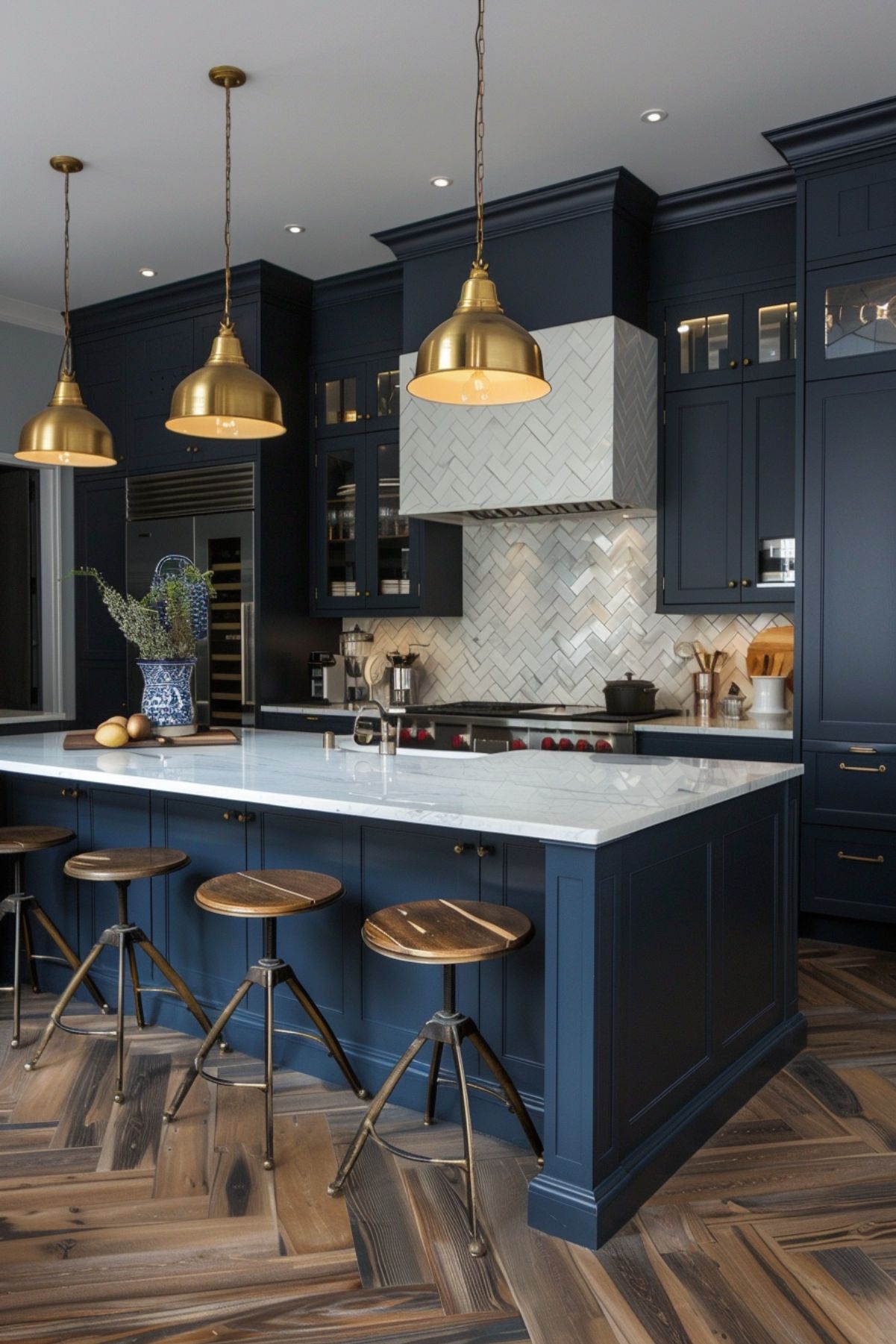 Modern navy blue kitchen with brass pendant lights, white marble countertops, herringbone tile backsplash, and wooden bar stools; the dark cabinetry contrasts with the light accents, creating a stylish and inviting space.