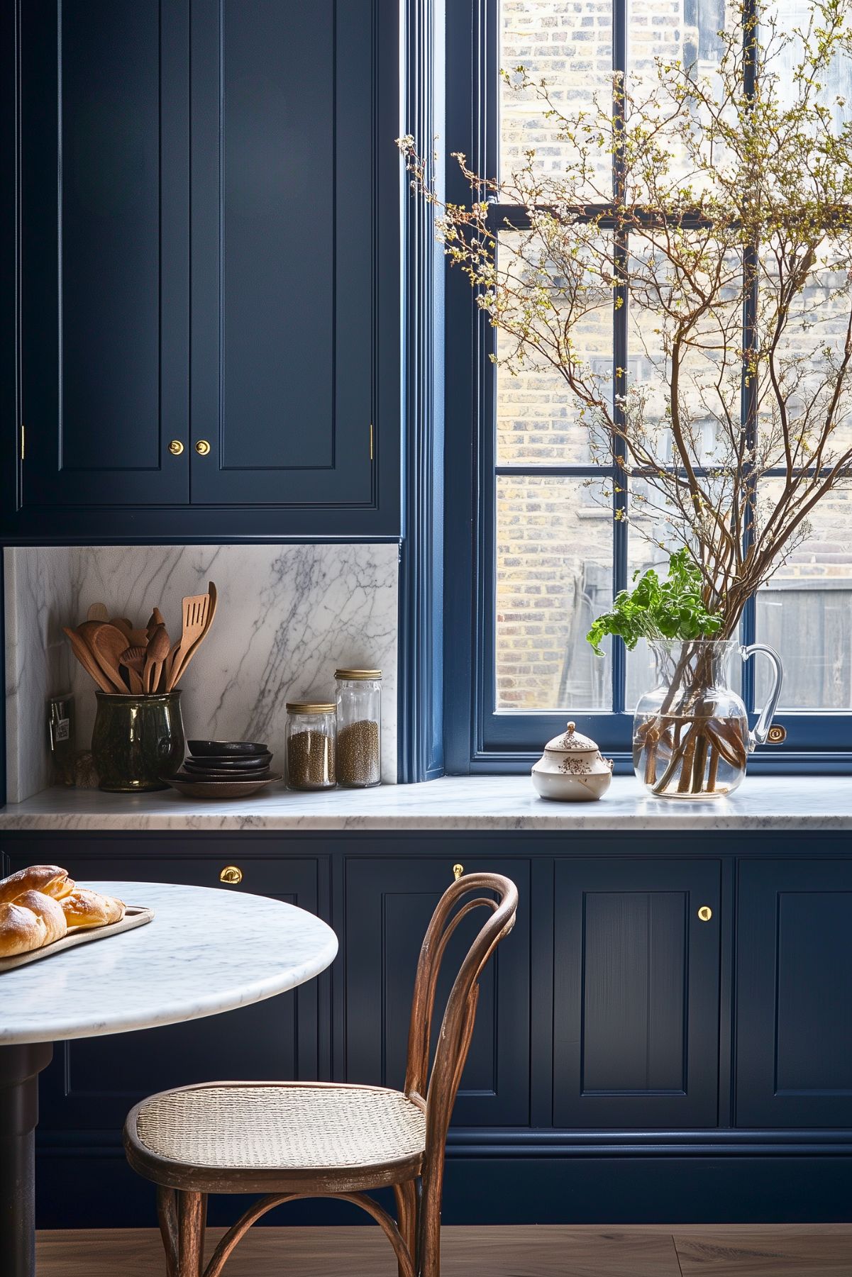 Navy blue kitchen with marble countertop, glass jars, and wooden chair; large window with natural light and branches in a glass vase.