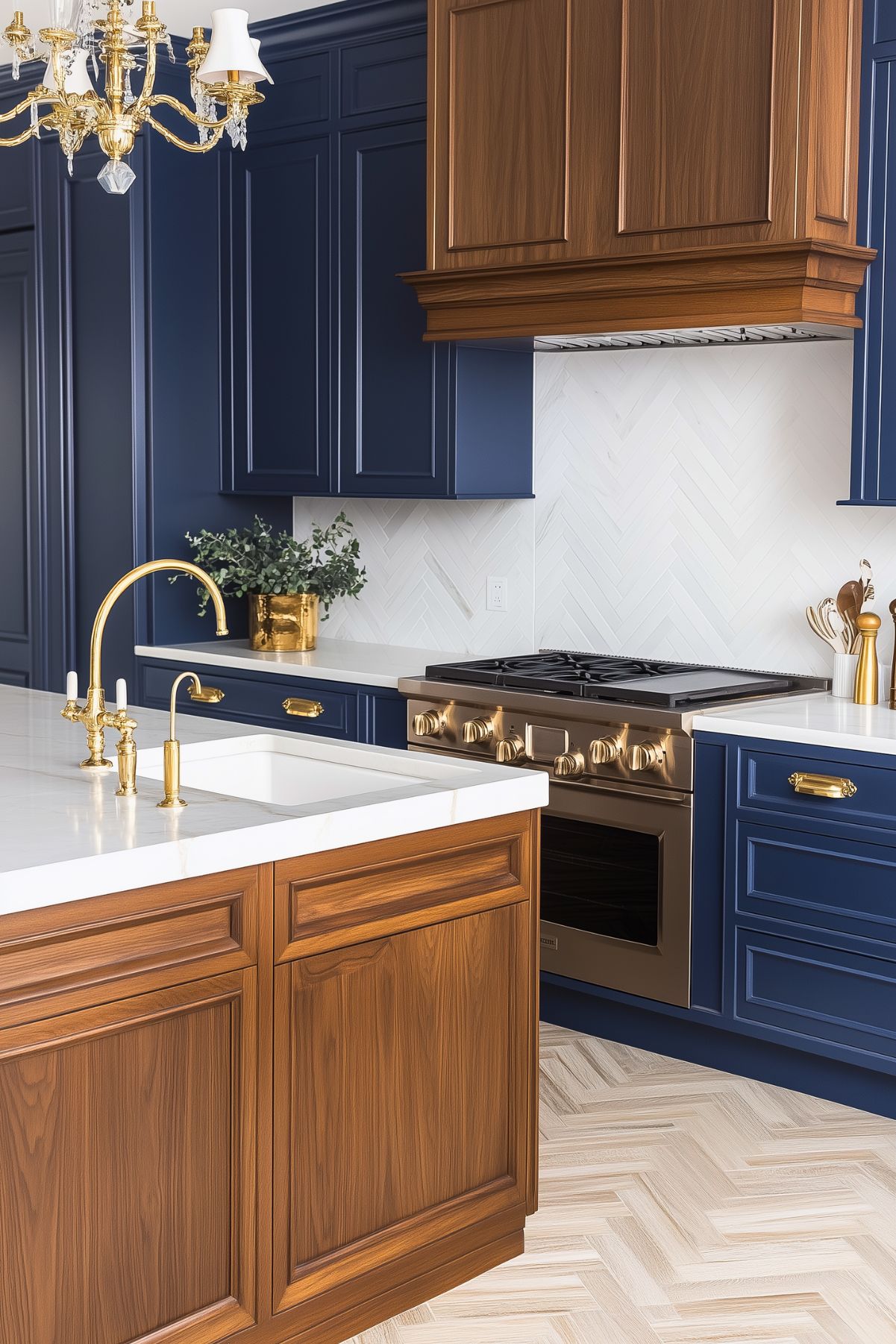 Elegant navy blue kitchen with a warm wood island, brass hardware, and a chandelier; features a herringbone backsplash and a brass faucet, blending classic and modern design elements for a refined look.