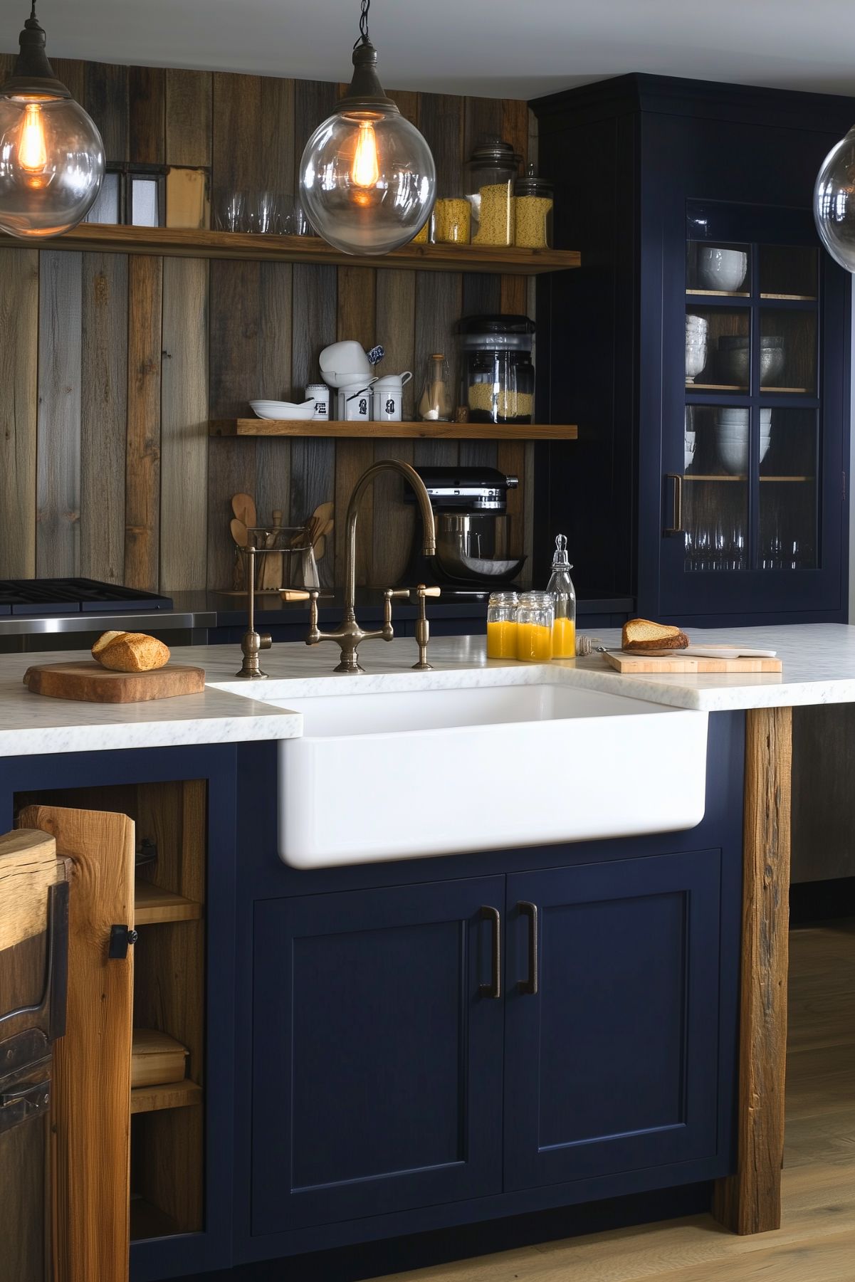 Rustic navy blue kitchen with white farmhouse sink, brass faucet, open wooden shelving, and wood-paneled walls; glass pendant lights and natural elements create a cozy, farmhouse-inspired atmosphere.