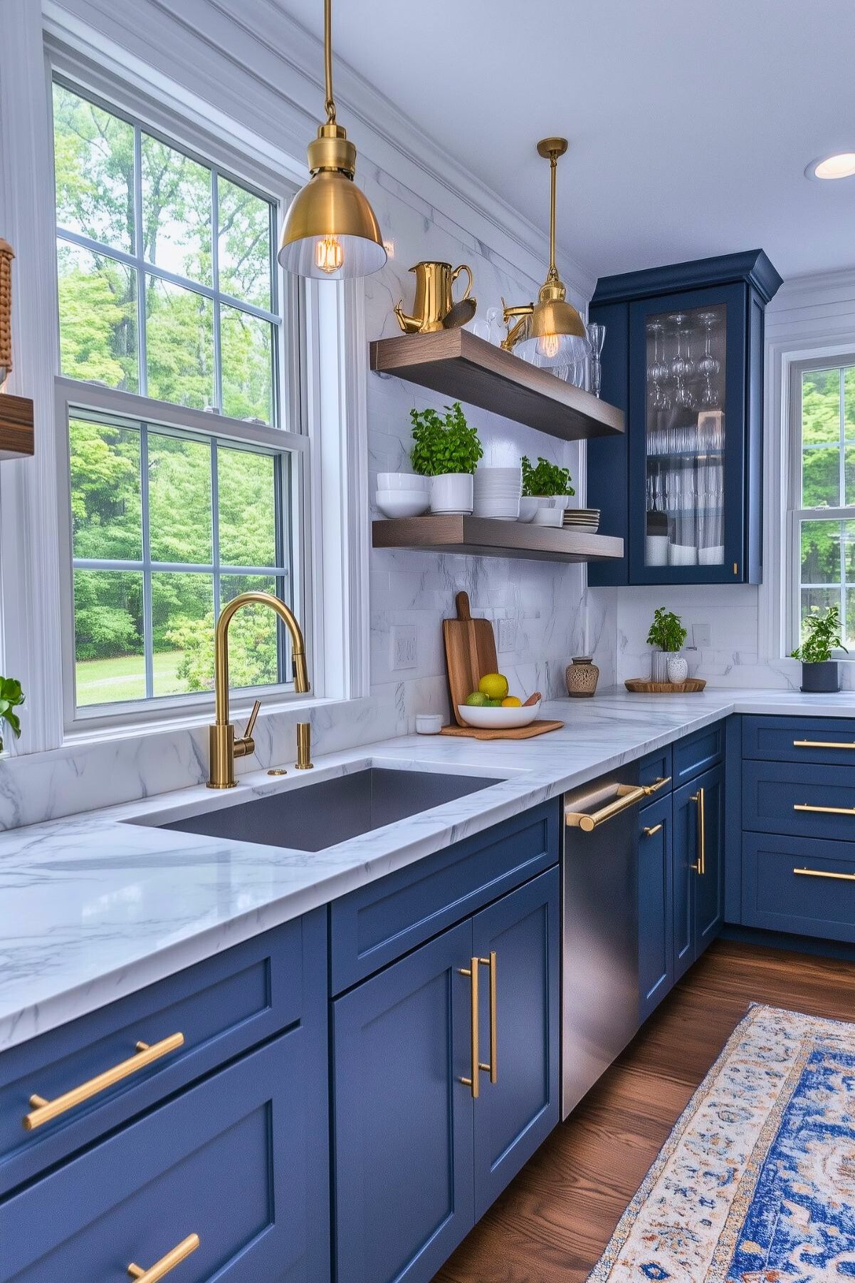 Bright navy blue kitchen with marble countertops, brass fixtures, open shelving with potted plants, and large windows; features a cozy area rug, bringing warmth and contrast to the airy space.