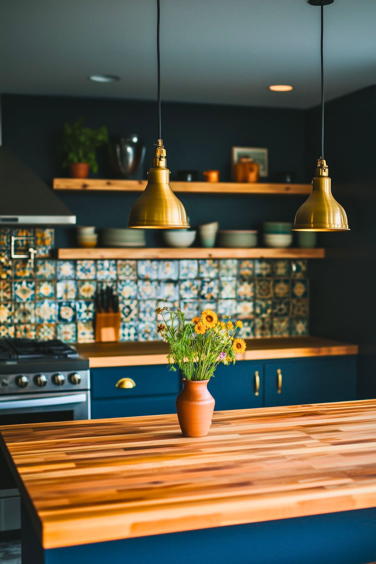 Navy blue kitchen with wooden countertops, brass pendant lights, open shelves, and colorful patterned backsplash; a vase with yellow flowers on the island adds warmth.