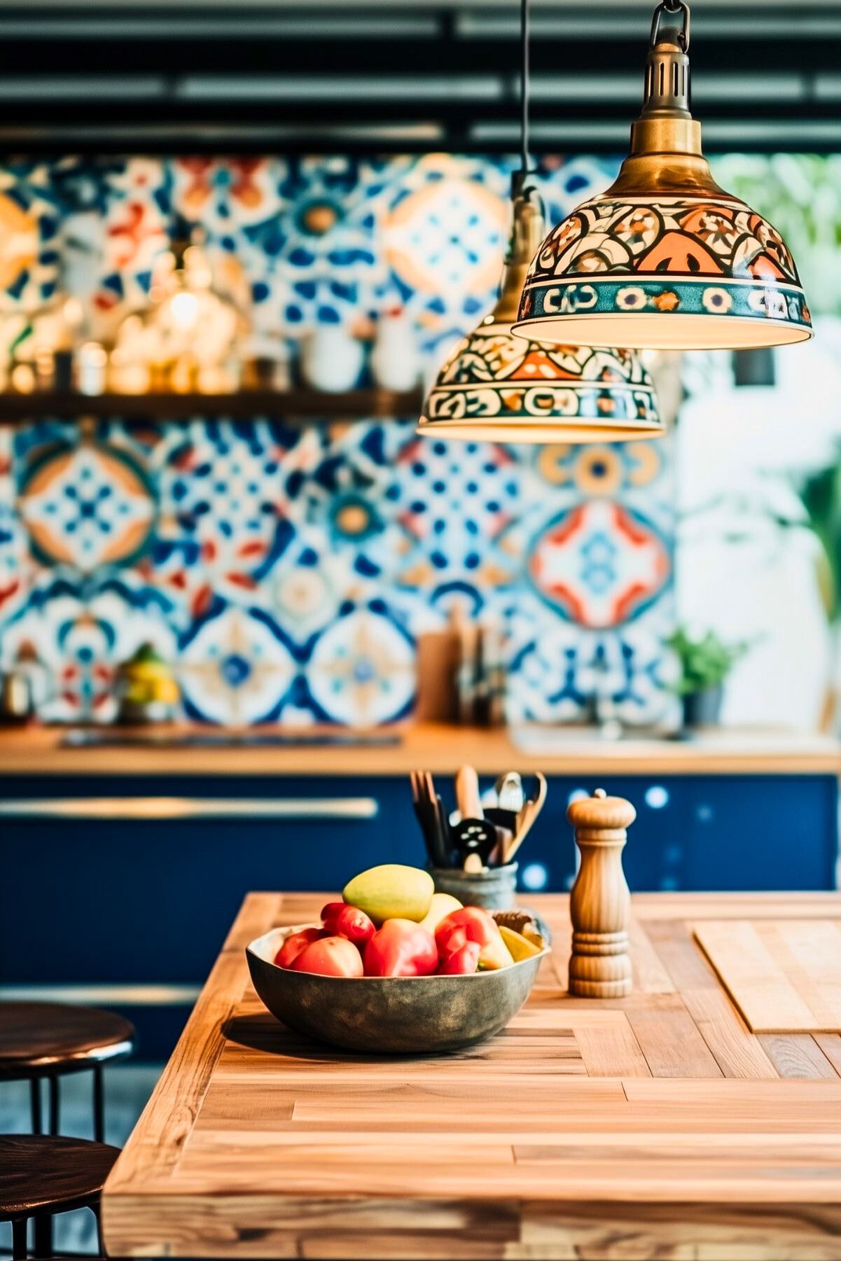 Eclectic navy blue kitchen with colorful patterned tile backsplash, wooden countertops, and vibrant pendant lights; a bowl of fresh produce sits on the island, adding warmth and texture.