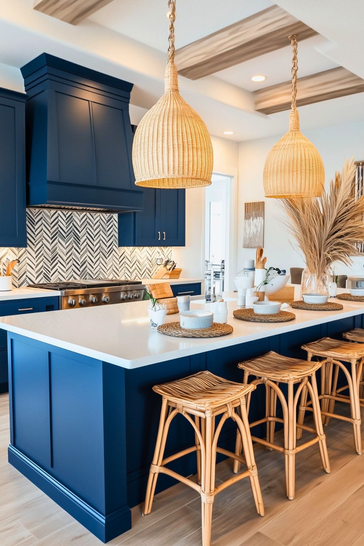 Coastal-style navy blue kitchen with white countertops, natural woven pendant lights, herringbone backsplash, and rattan barstools; decorative elements include dried grasses and woven placemats, creating a warm, inviting ambiance.