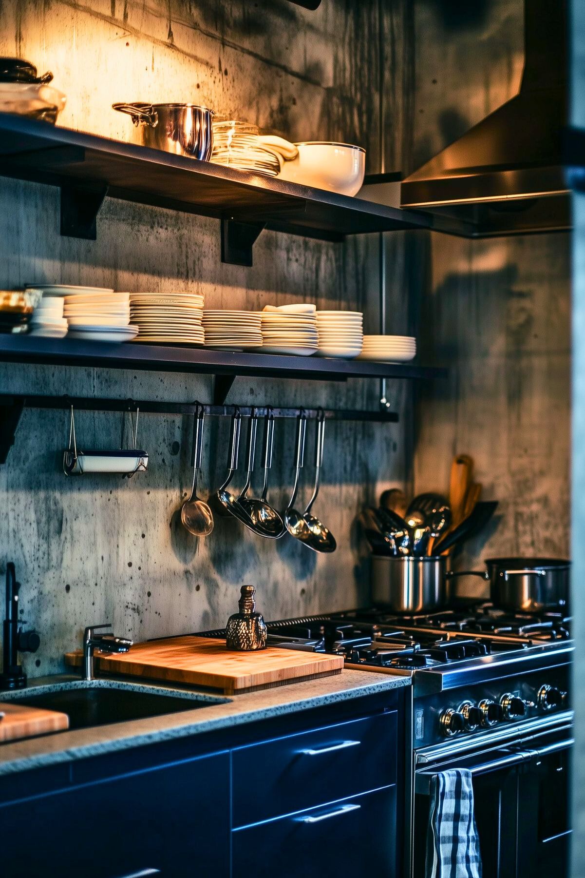 Industrial navy blue kitchen with open shelving, concrete walls, and stainless steel appliances; features hanging ladles, stacked dishes, and wooden cutting boards, creating a functional and stylish workspace.