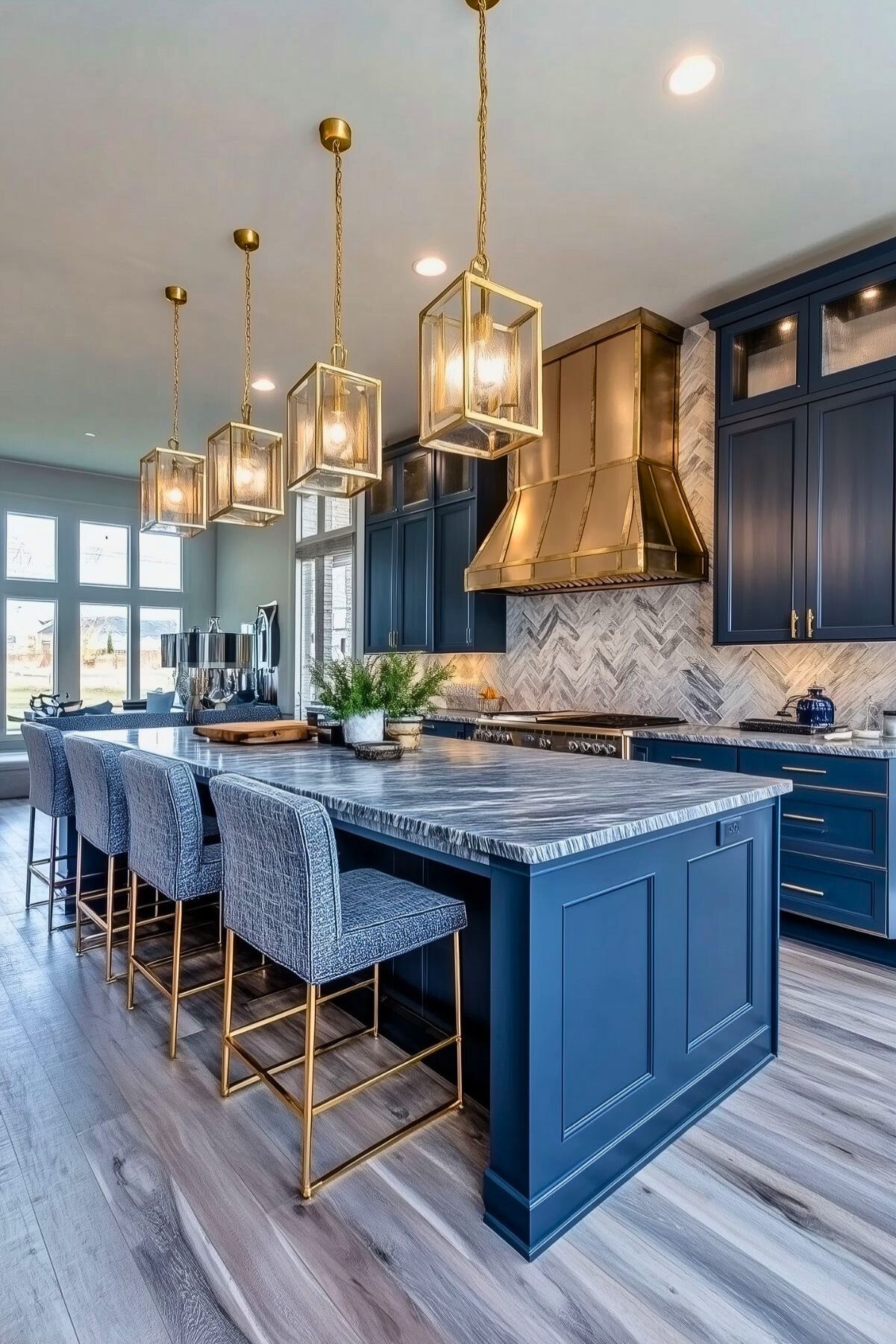 Navy blue kitchen with brass accents, a metallic range hood, large island with textured countertop, blue upholstered chairs with gold legs, and pendant lighting; herringbone backsplash adds a modern touch.