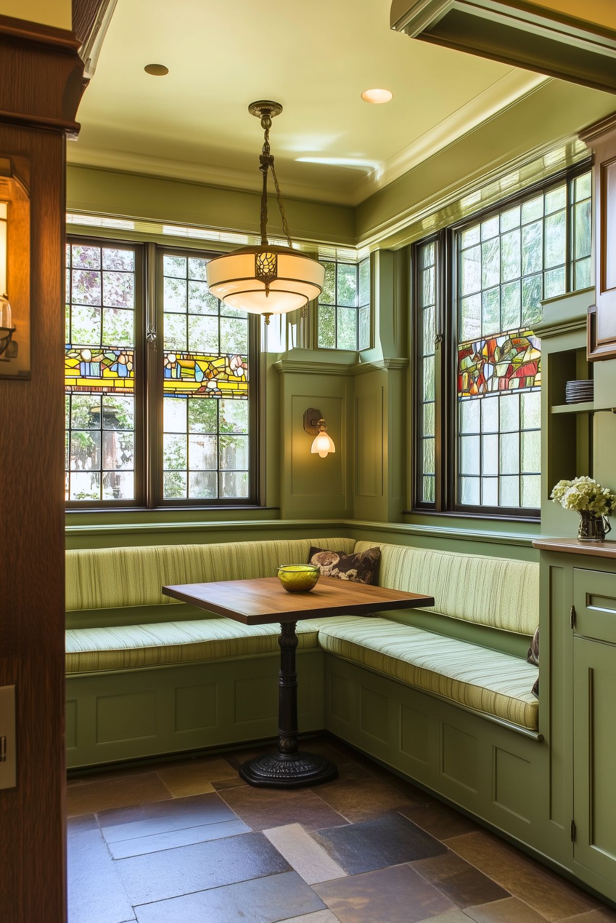 Cozy breakfast nook with sage green built-in seating, stained glass windows, and a vintage-inspired pendant light. The corner table is complemented by an inviting cushion bench and warm, earthy tones, creating a charming, intimate atmosphere.