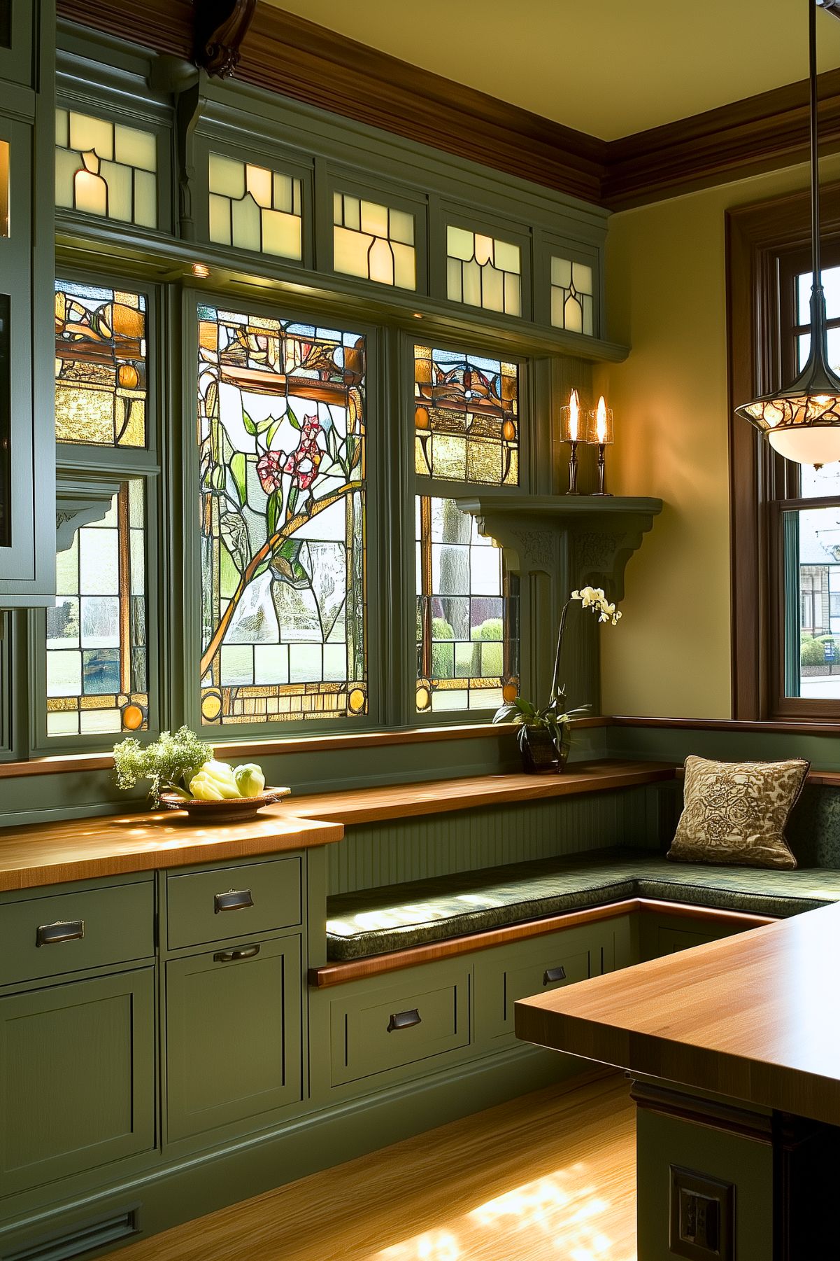 Vintage-inspired kitchen nook with sage green cabinetry, built-in bench seating, and intricate stained glass windows. Warm wood countertops and classic lighting fixtures add a touch of elegance and warmth, creating a cozy, timeless ambiance.