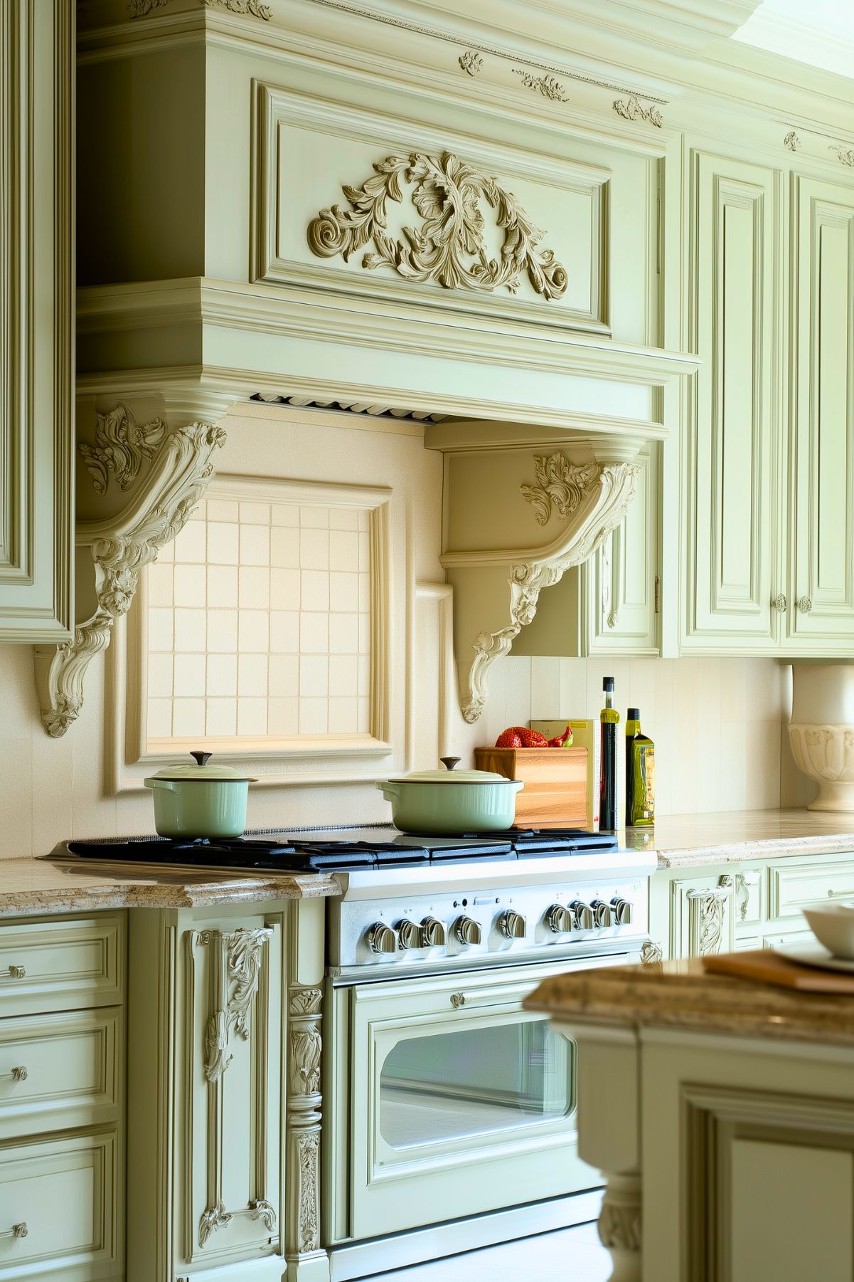 Elegant sage green kitchen with ornate cabinetry detailing, decorative corbels, and a vintage-style stove. Two sage green pots sit on the stovetop, and a wooden utensil holder with olive oil bottles is placed on the countertop, creating a refined, classic look.