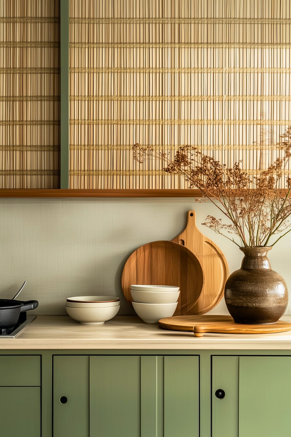 Minimalist kitchen detail with sage green cabinetry, natural wood cutting boards, and ceramic bowls. A vase with dried branches adds an earthy, organic touch, complemented by a woven bamboo-style backsplash, creating a serene and simple aesthetic.