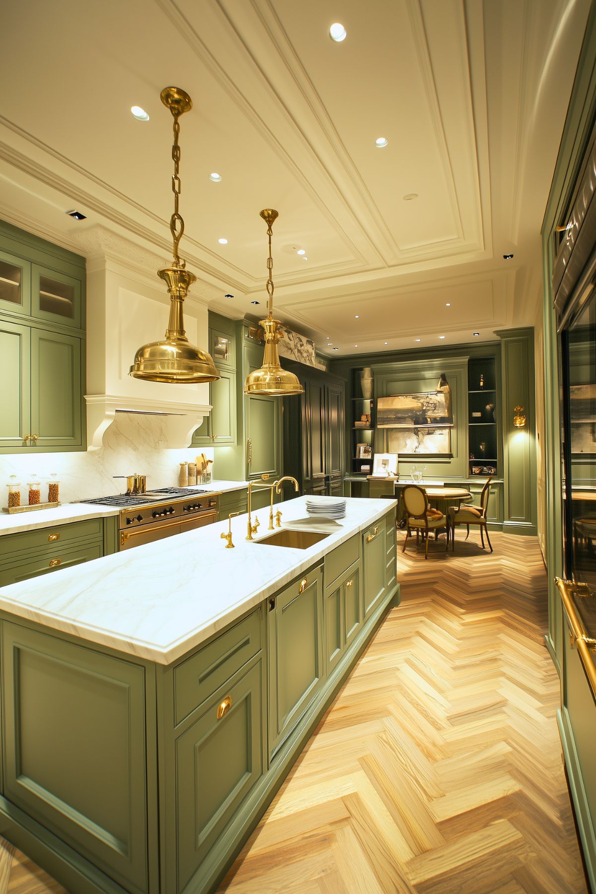 Luxurious kitchen with sage green cabinetry, brass pendant lighting, and a marble countertop island. Gold fixtures and a herringbone wood floor add warmth, while recessed lighting enhances the elegant atmosphere. A cozy dining nook with art completes the sophisticated design.