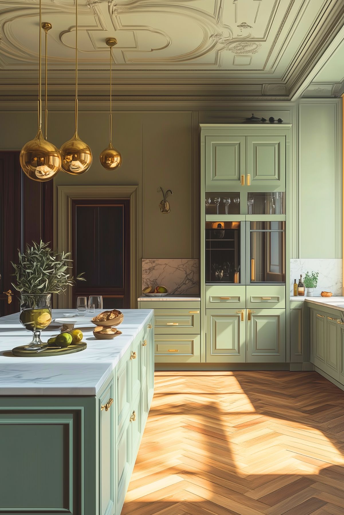 Elegant kitchen with sage green cabinets, marble countertops, and brass accents. Three gold pendant lights hang above a spacious island, while herringbone wood floors and intricate ceiling moldings add a luxurious, classic touch to the space.