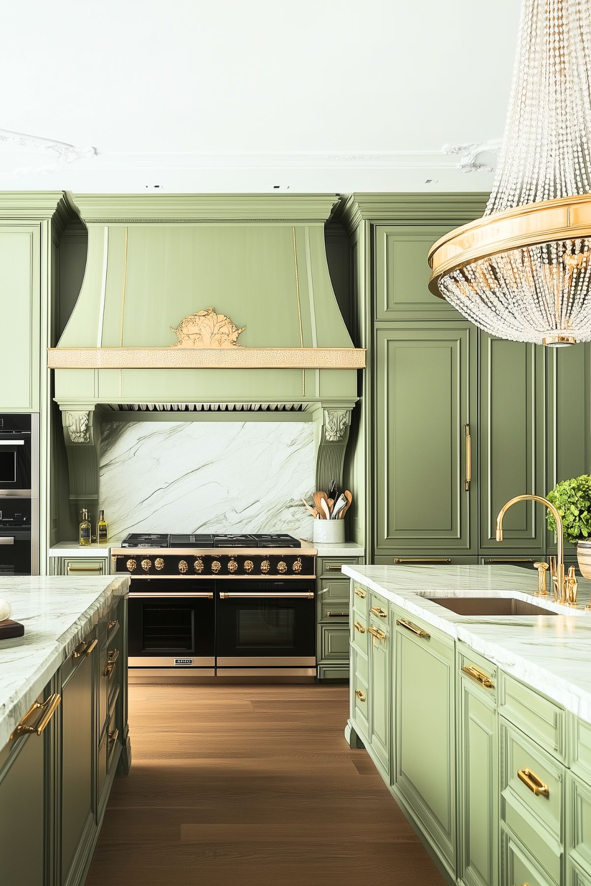 Luxurious kitchen with sage green cabinetry, a grand marble backsplash, and a decorative range hood accented with gold detailing. A crystal chandelier hangs over the island, while brass fixtures and hardware add an opulent touch to the classic design.