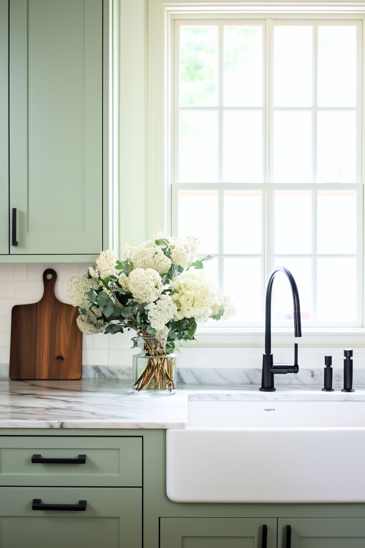 Bright kitchen with sage green cabinets, a farmhouse sink, and black fixtures. A large bouquet of white flowers in a glass vase adds a fresh touch to the marble countertop, while natural light streams in through the window, creating a serene atmosphere.