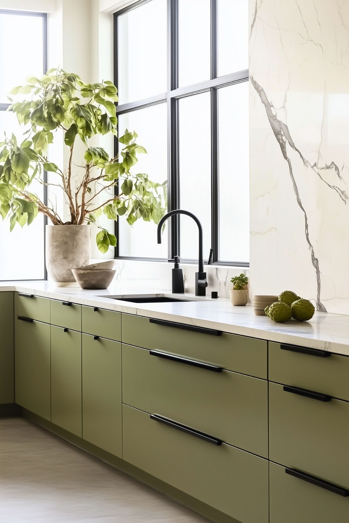 Modern sage green kitchen with sleek cabinetry, black hardware, and a black faucet. A large plant in a stone pot sits on the countertop next to a marble backsplash, creating a fresh and minimalistic atmosphere.