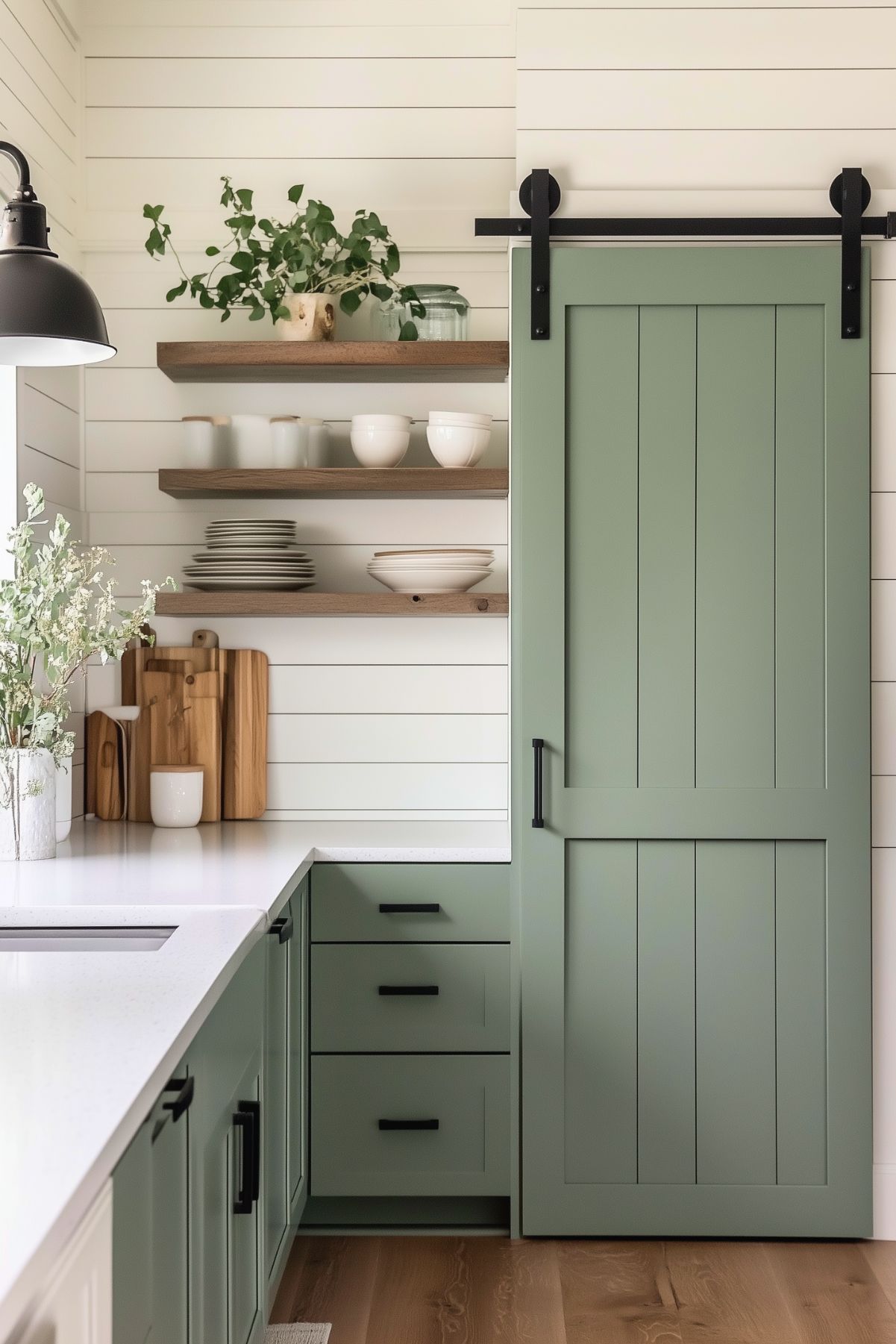 Farmhouse-style kitchen with sage green cabinets, a sliding barn door pantry, and open wood shelves displaying white dishware. Shiplap walls, a black pendant light, and a vase with white flowers add rustic charm to the space.