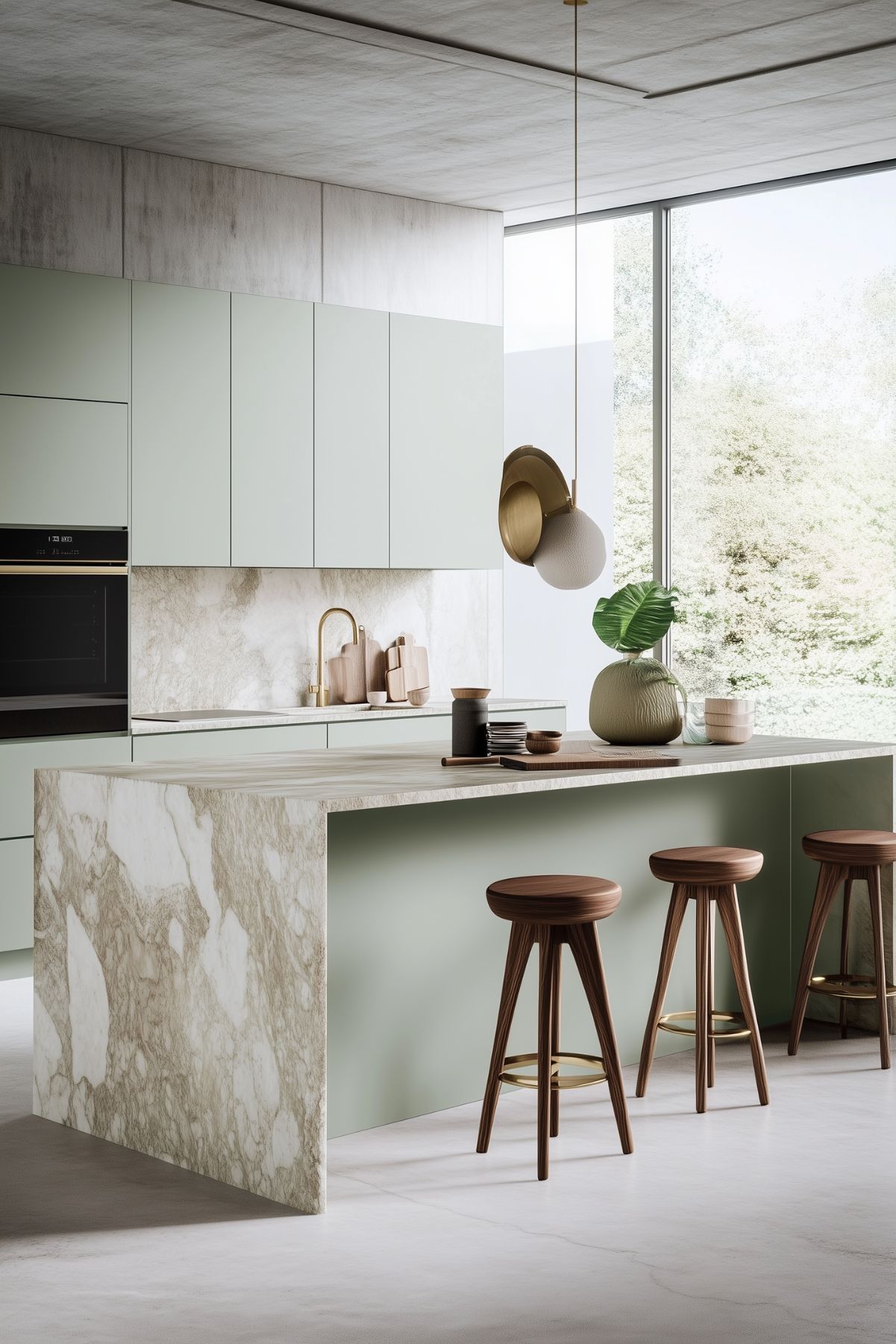 Minimalist kitchen with light sage green cabinetry and a marble waterfall island, accented by warm wooden stools and a brass faucet. Modern pendant lights hang over the island, and a large window brings in natural light, creating a clean, airy ambiance.