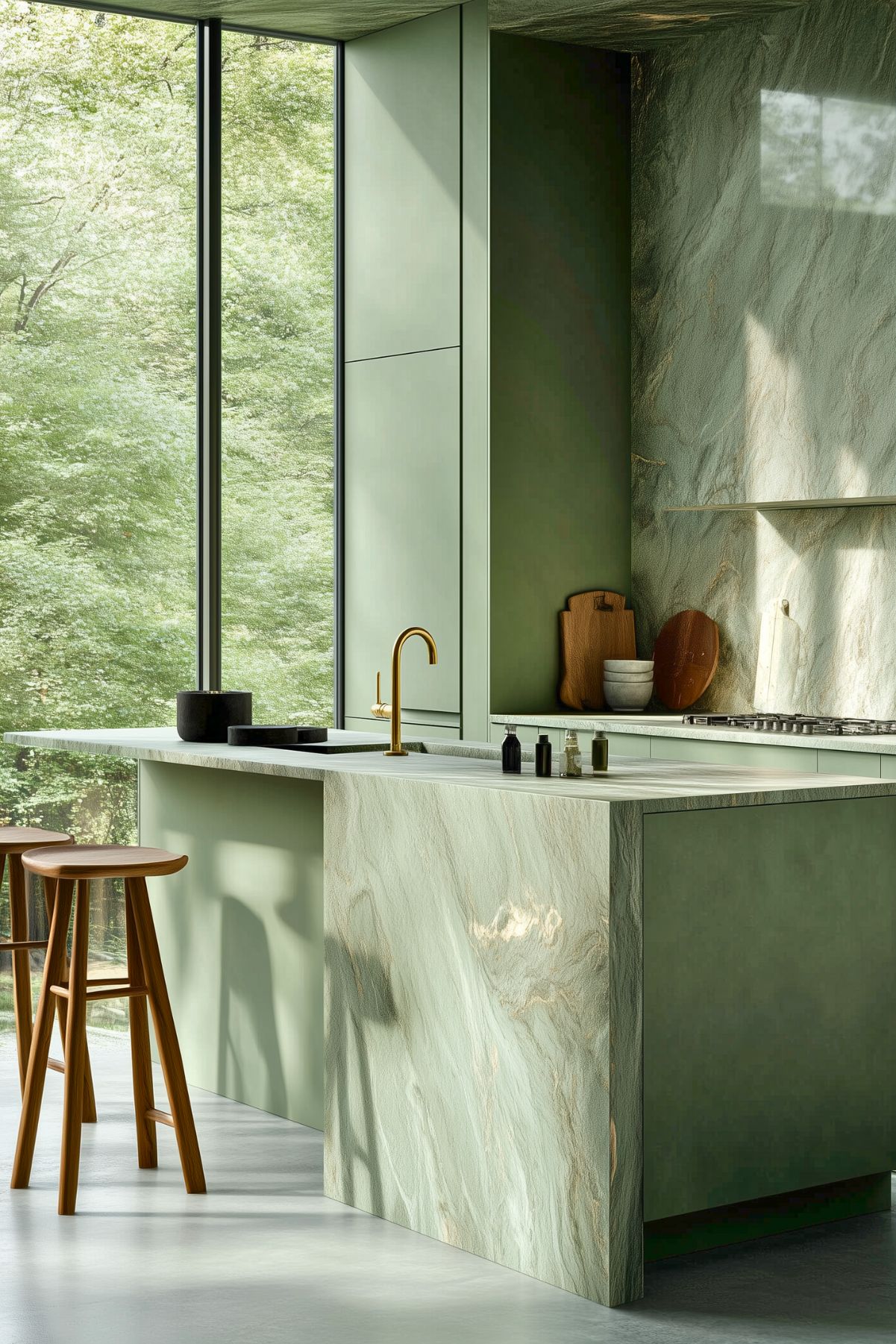 Contemporary kitchen with sage green cabinets and a marble waterfall island, featuring a brass faucet and minimalist decor. Floor-to-ceiling windows offer a scenic view of lush greenery, creating a natural, serene ambiance.