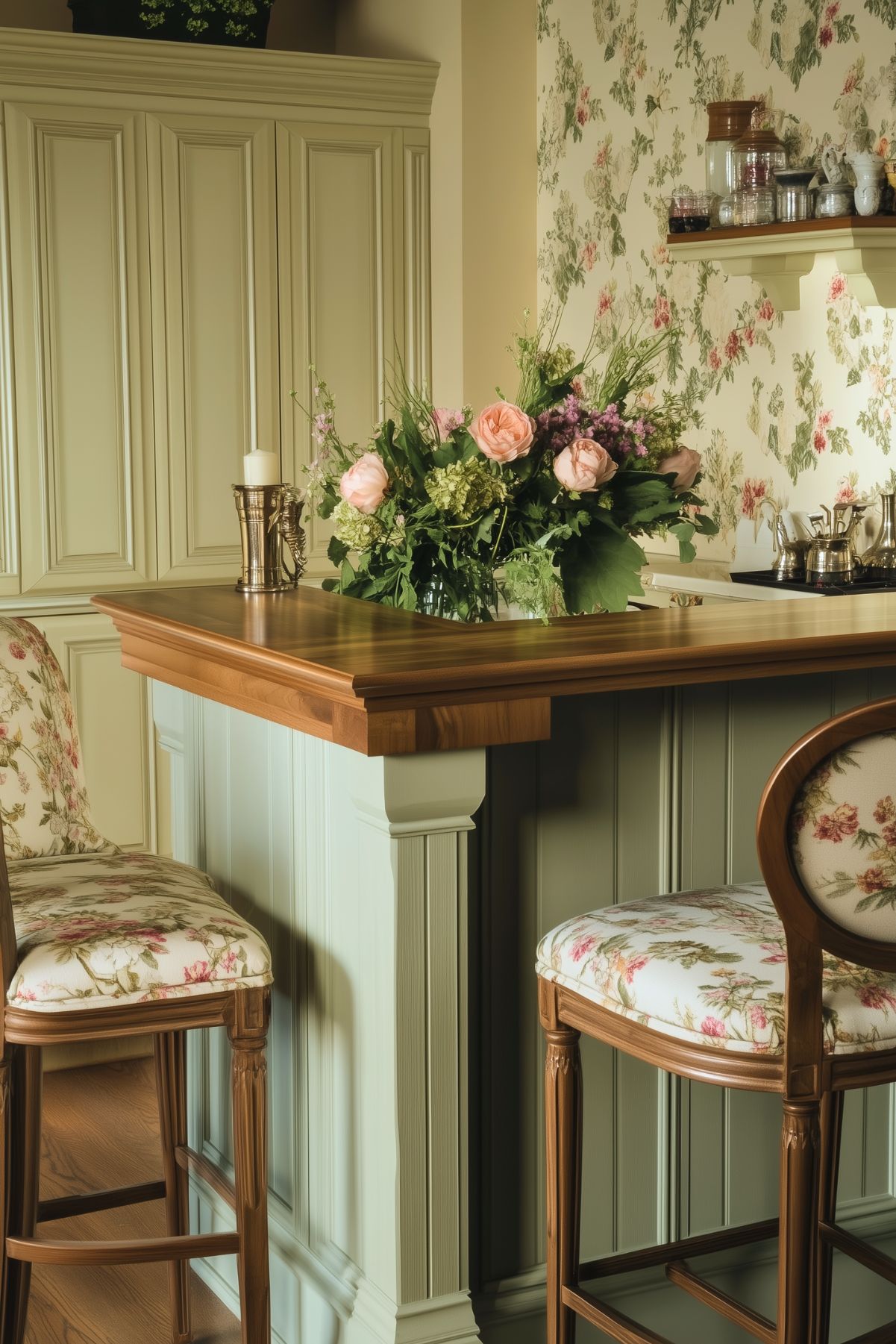 Sage green kitchen with floral wallpaper, wood countertop, and floral-upholstered chairs.