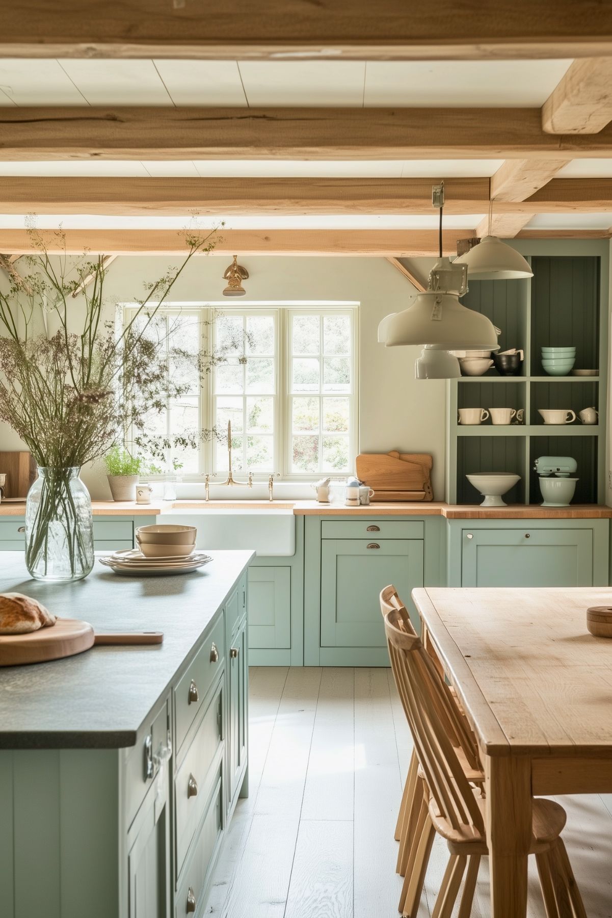 Charming farmhouse kitchen with sage green cabinetry, wood countertops, and exposed wooden beams. A large window over the farmhouse sink fills the space with natural light. Open shelving displays rustic dishware, while a vase of wildflowers adds a cozy, country touch.