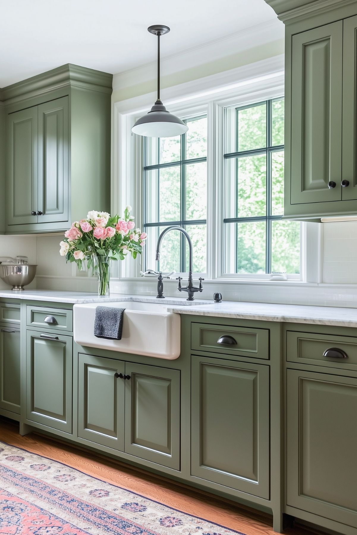 Traditional kitchen with sage green cabinets, a farmhouse sink, and a large window bringing in natural light. A black faucet and pendant light add contrast, while a vase of pink roses and a patterned rug lend a soft, welcoming touch to the space.