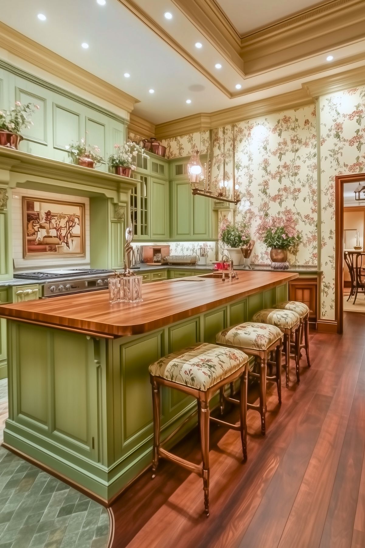 Elegant kitchen with sage green cabinetry, floral wallpaper, and a large wooden island. Floral-upholstered stools and decorative plants add a vintage touch, while intricate molding and warm lighting enhance the traditional charm of the space.