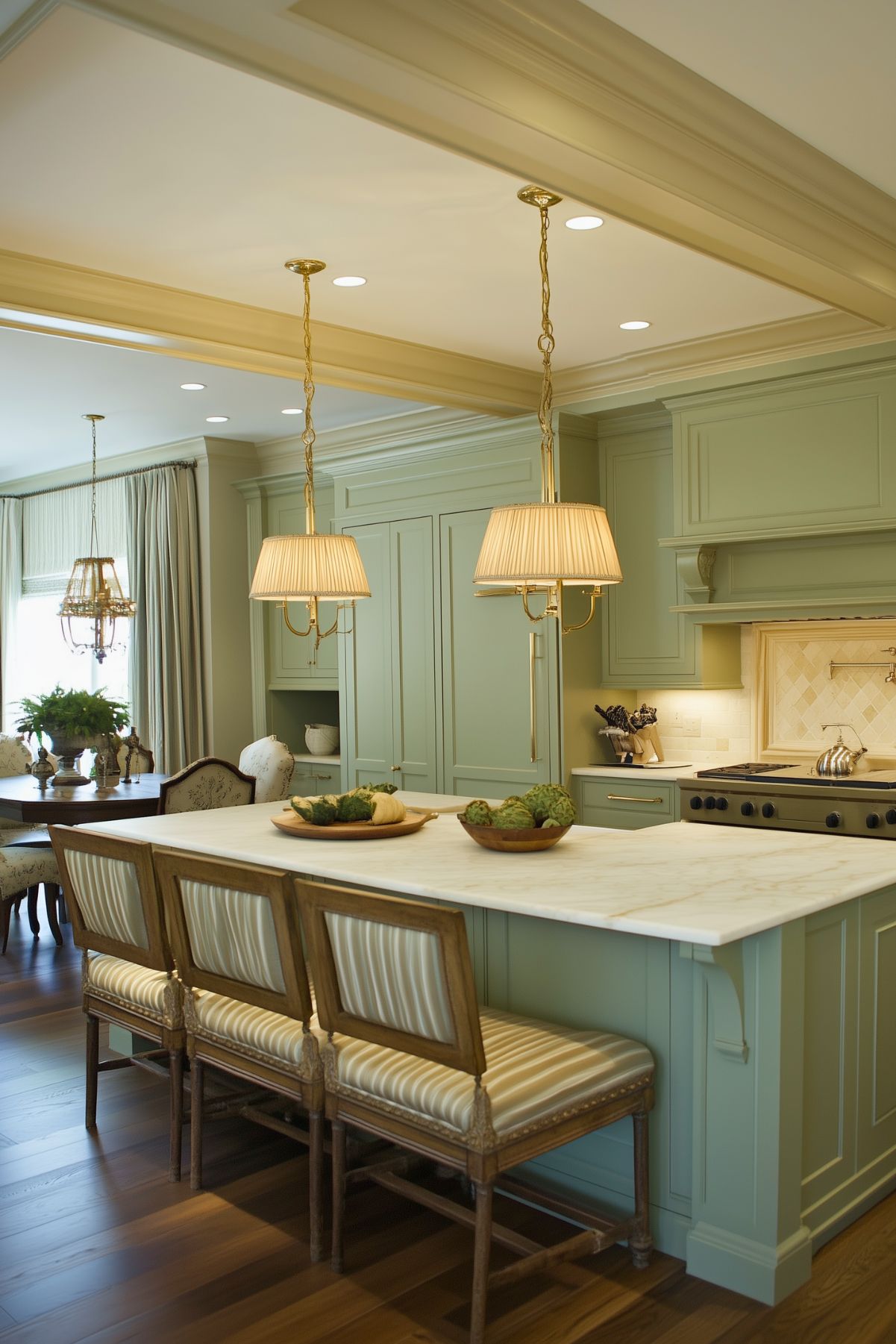 Classic kitchen with sage green cabinetry, a large marble island, and elegant pendant lighting. Upholstered bar stools add a refined touch, while decorative bowls with fresh produce bring warmth to the space. A cozy dining area with traditional decor is visible in the background.