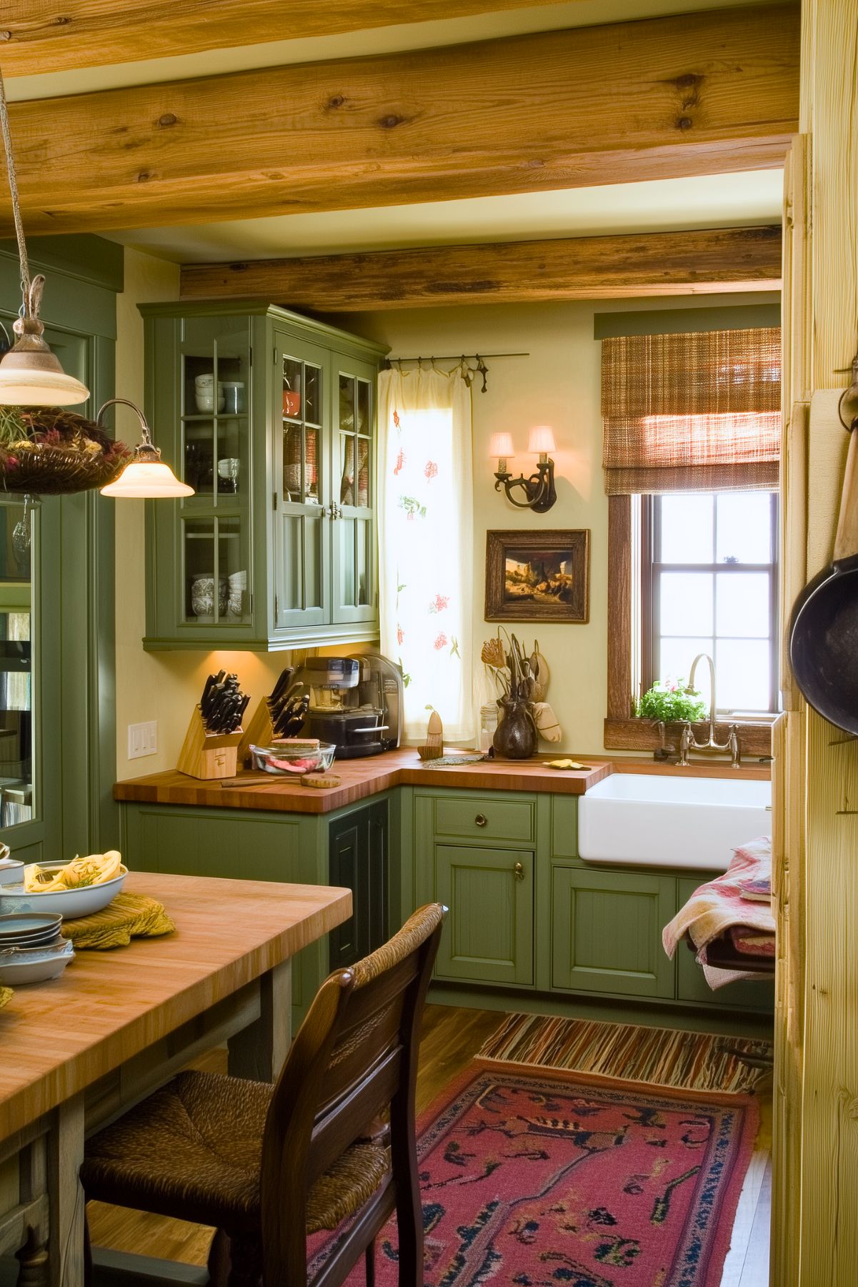 Rustic kitchen with sage green cabinets, exposed wooden beams, and a farmhouse sink. A cozy dining nook features a wooden table and chairs, while warm lighting and a decorative area rug add vintage charm. Natural wood countertops and accents enhance the earthy, welcoming feel.