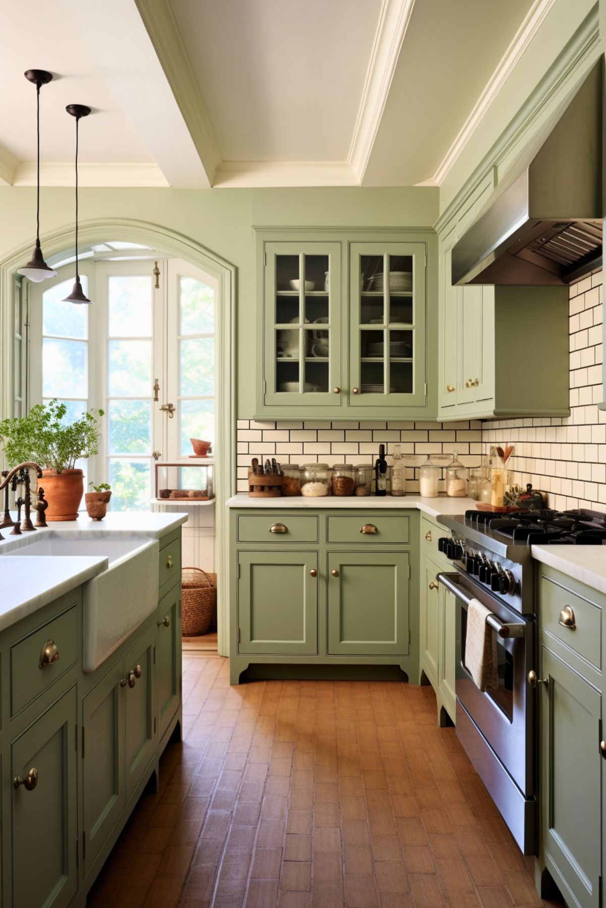 Classic kitchen with sage green cabinets, farmhouse sink, and subway tile backsplash. Glass-front cabinets display dishware, while potted herbs add a touch of greenery. Natural light pours in through arched windows, enhancing the cozy, traditional feel.