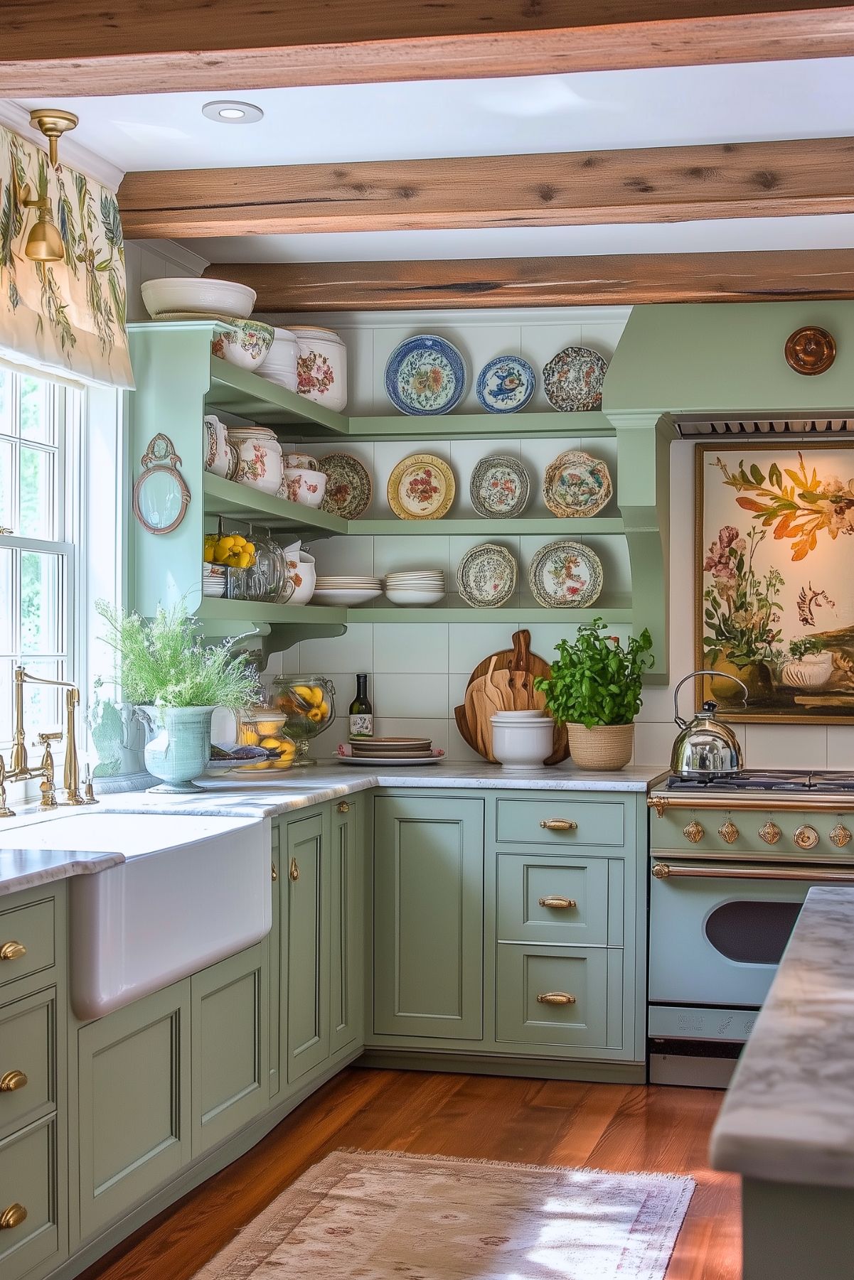 Sage green kitchen with open shelving displaying vintage plates, farmhouse sink, and decorative accents.