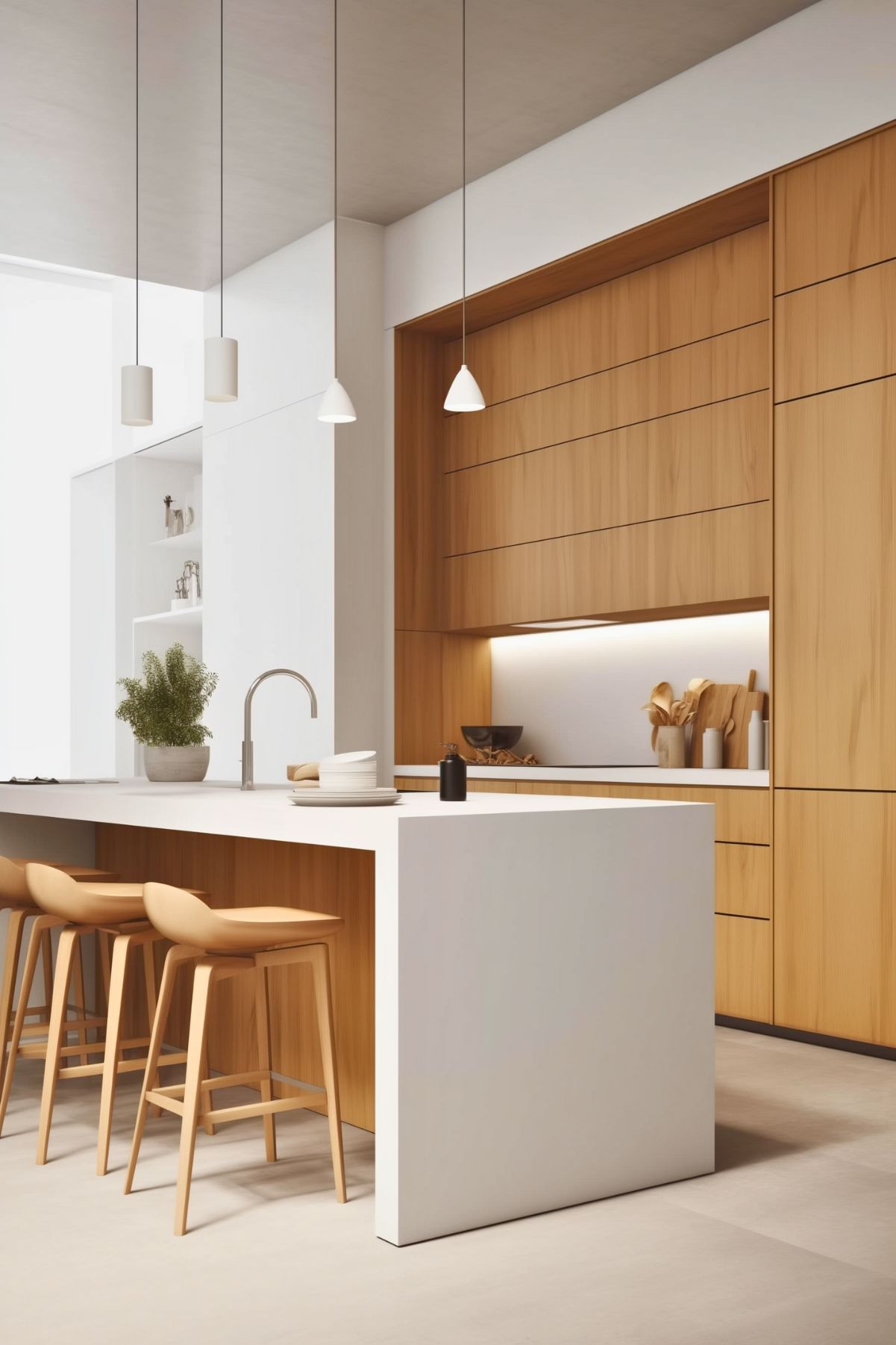 Minimalist kitchen with light wood cabinetry, a sleek white island, modern barstools, and pendant lighting, creating a clean and contemporary Scandinavian aesthetic.