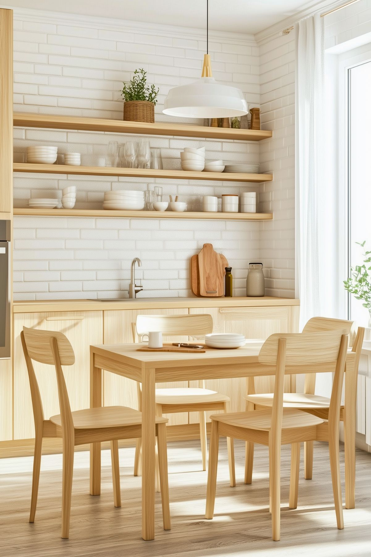 Minimalist Scandinavian kitchen with light wood cabinets, open shelving displaying white dishware, a compact dining set, white brick backsplash, and natural light streaming through sheer curtains.






