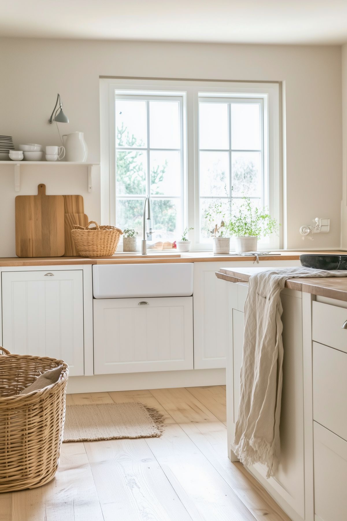 Cozy kitchen with white cabinetry, wood countertops, a farmhouse sink, wicker accents, and a large window bringing in natural light, complemented by simple decor and fresh herbs.