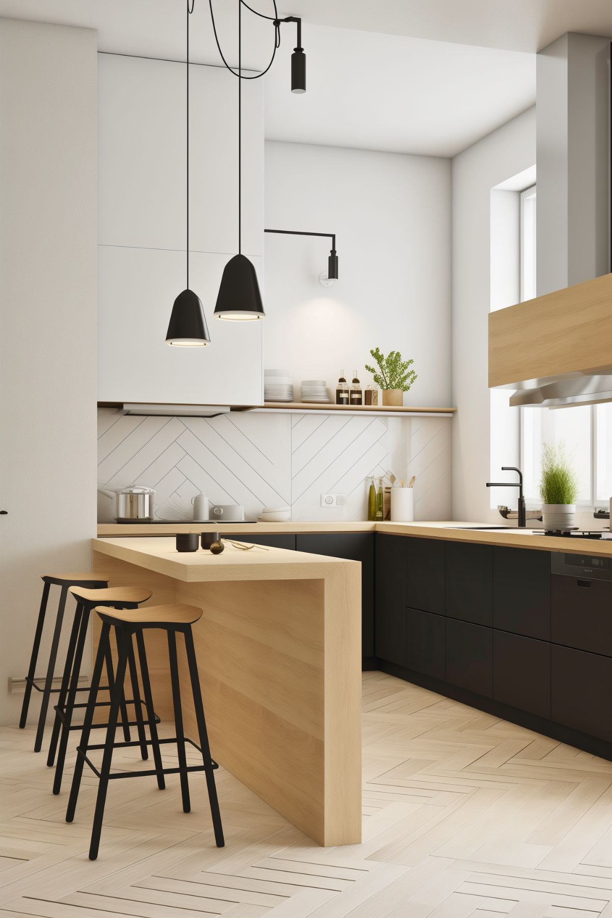 Modern Scandinavian kitchen with a minimalist design, featuring black lower cabinets, light wood countertops, a geometric wood island, herringbone backsplash, and black pendant lights over sleek barstools.