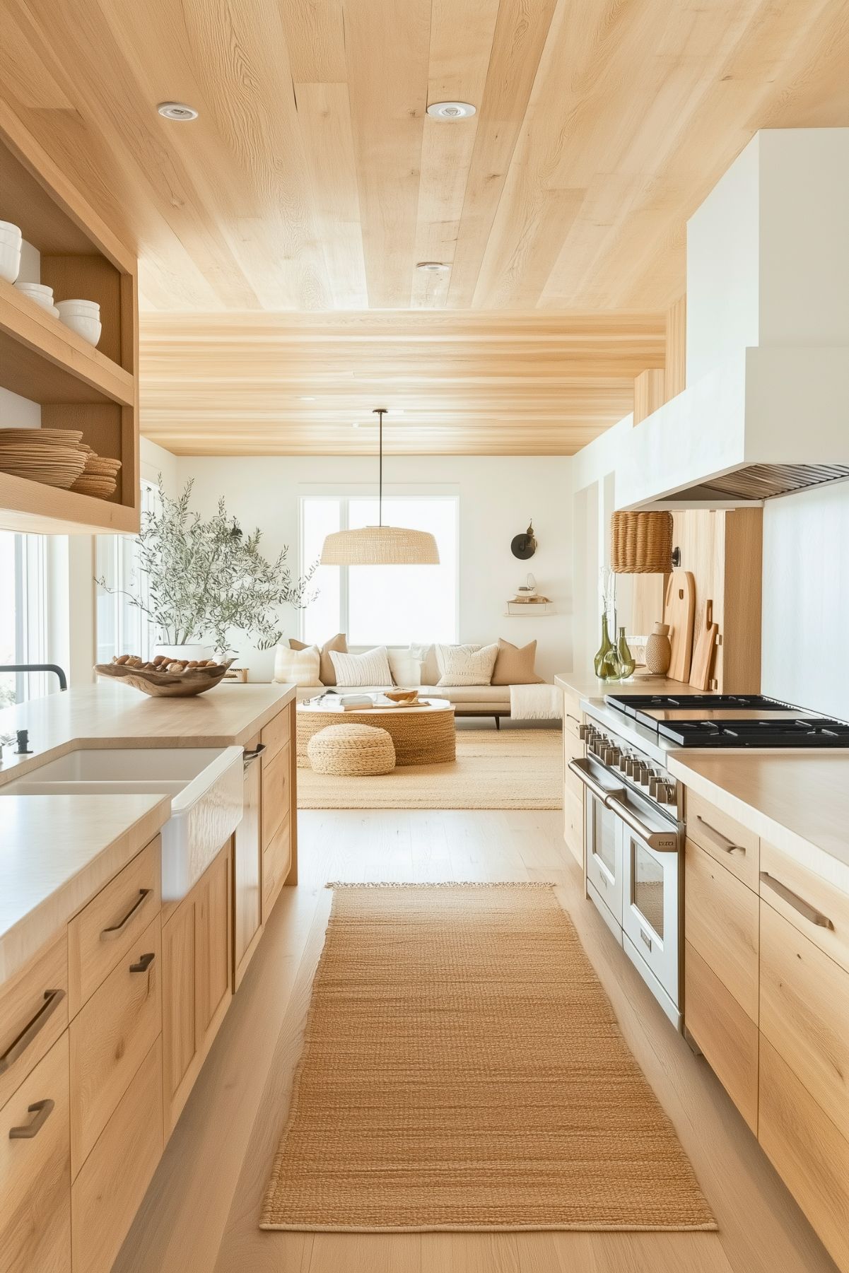 Open-concept kitchen with natural wood cabinetry, a farmhouse sink, light countertops, and a seamless flow into a cozy living area featuring neutral decor and woven accents, creating a warm and airy ambiance.