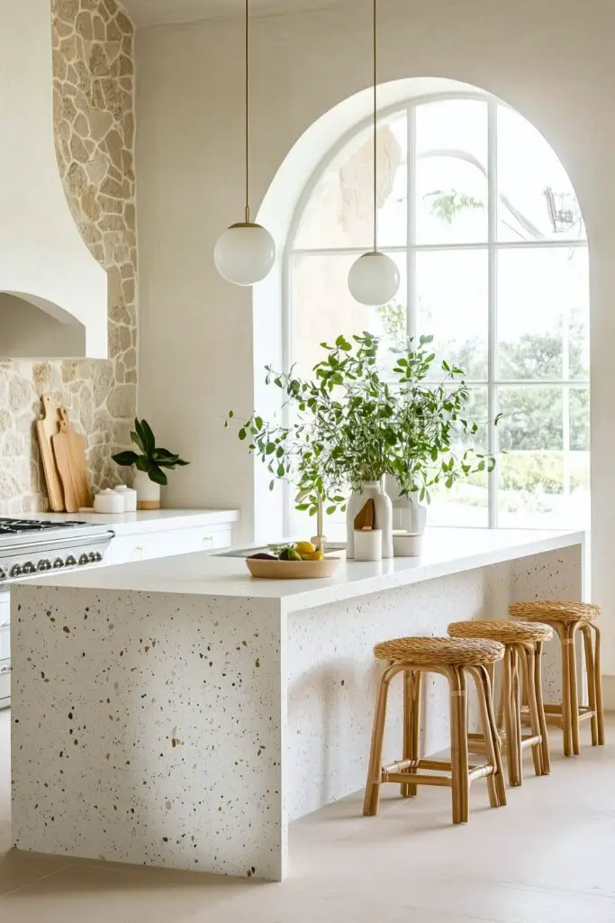 A bright, modern kitchen with a terrazzo-style white island featuring speckled patterns and wooden bar stools with woven seats. The space is decorated with greenery in minimalist vases, large arched windows bringing in natural light, and a stone accent wall behind a sleek white stove.