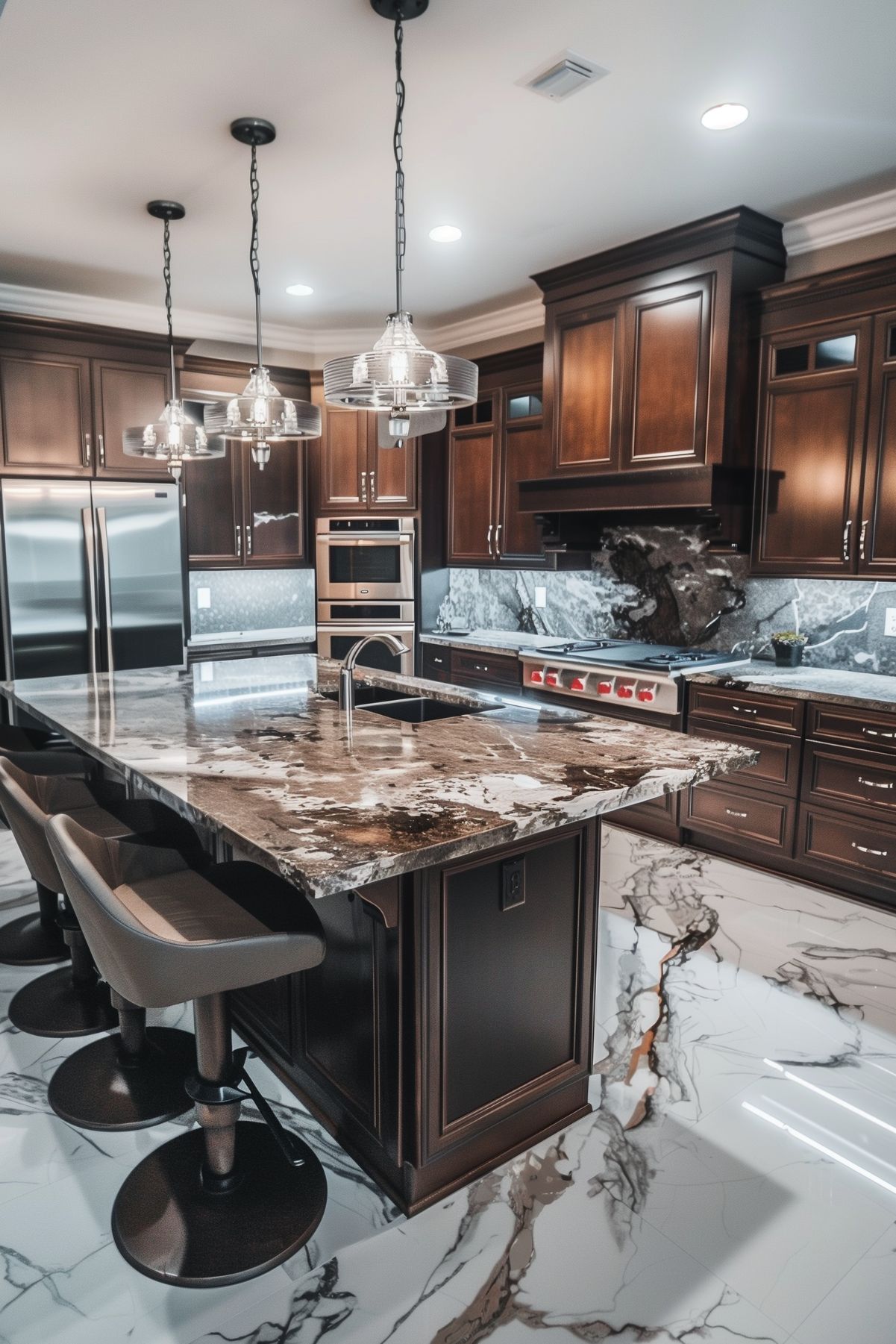 A luxury brown kitchen.