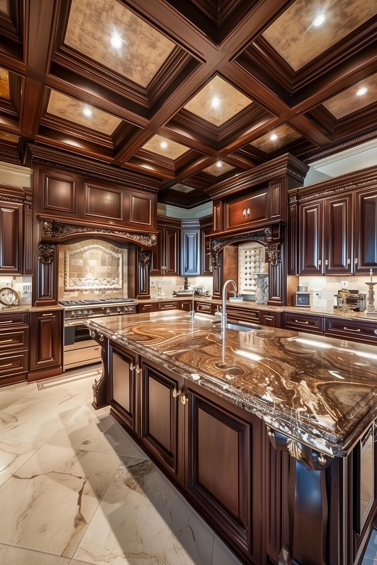 A large luxury brown kitchen.