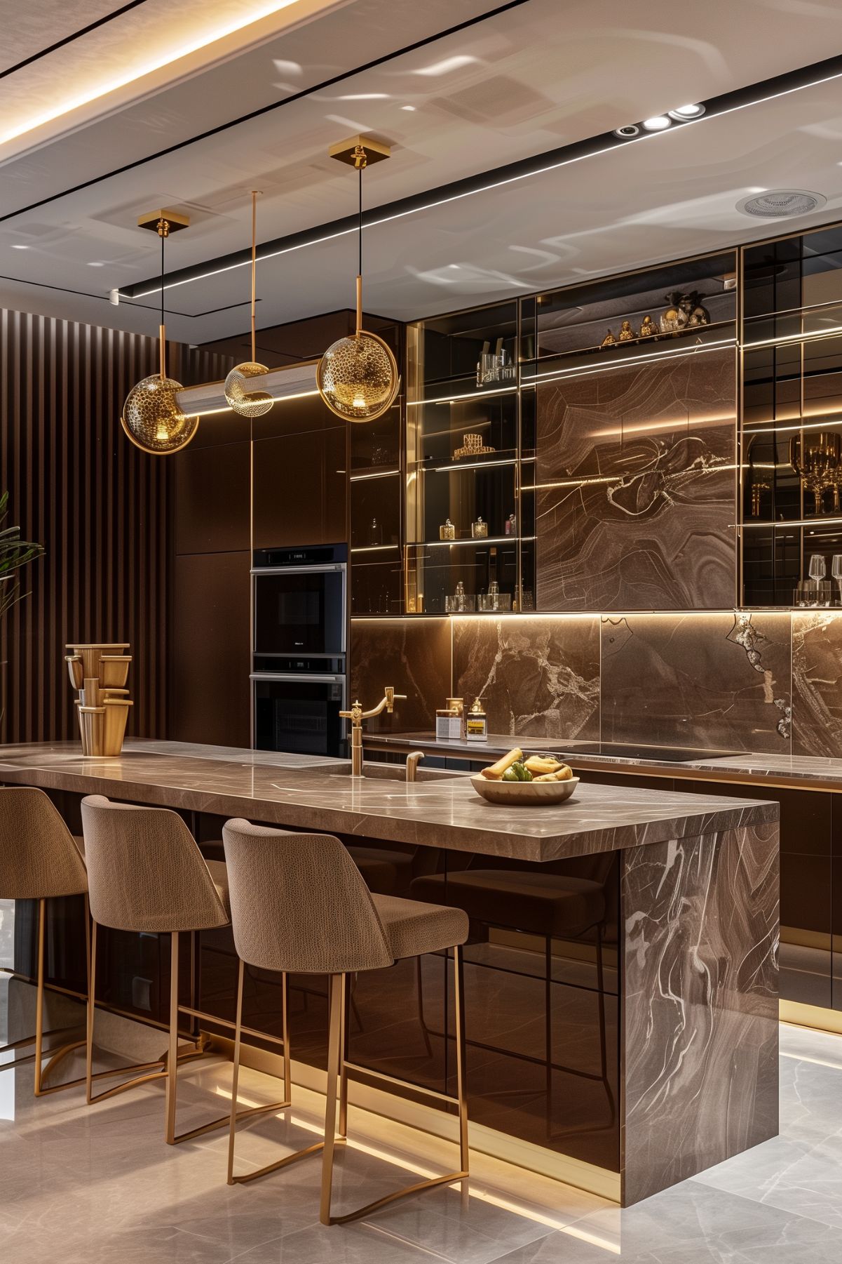 A kitchen with brown wood cabinets.