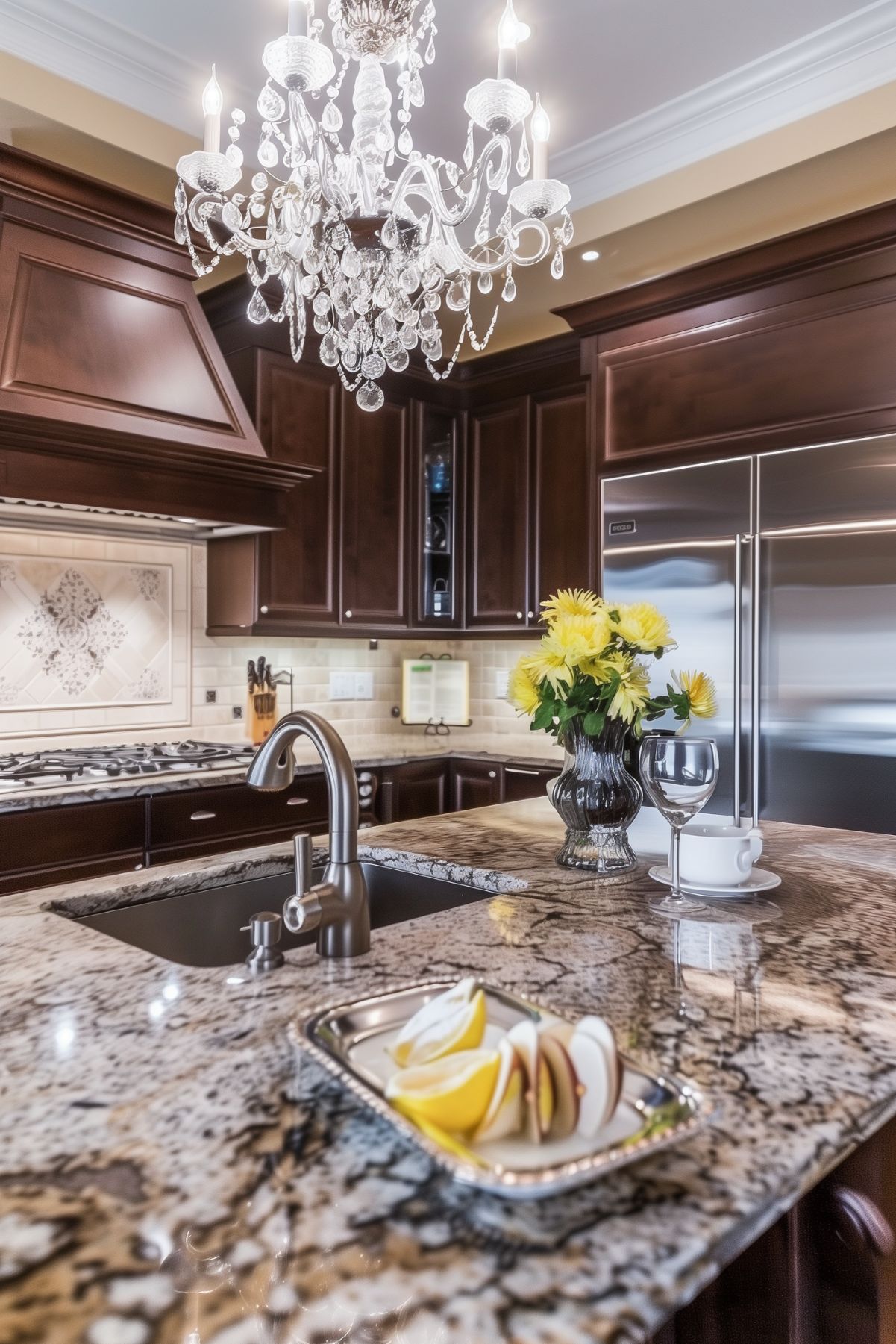 A brown kitchen with a crystal chandelier. 