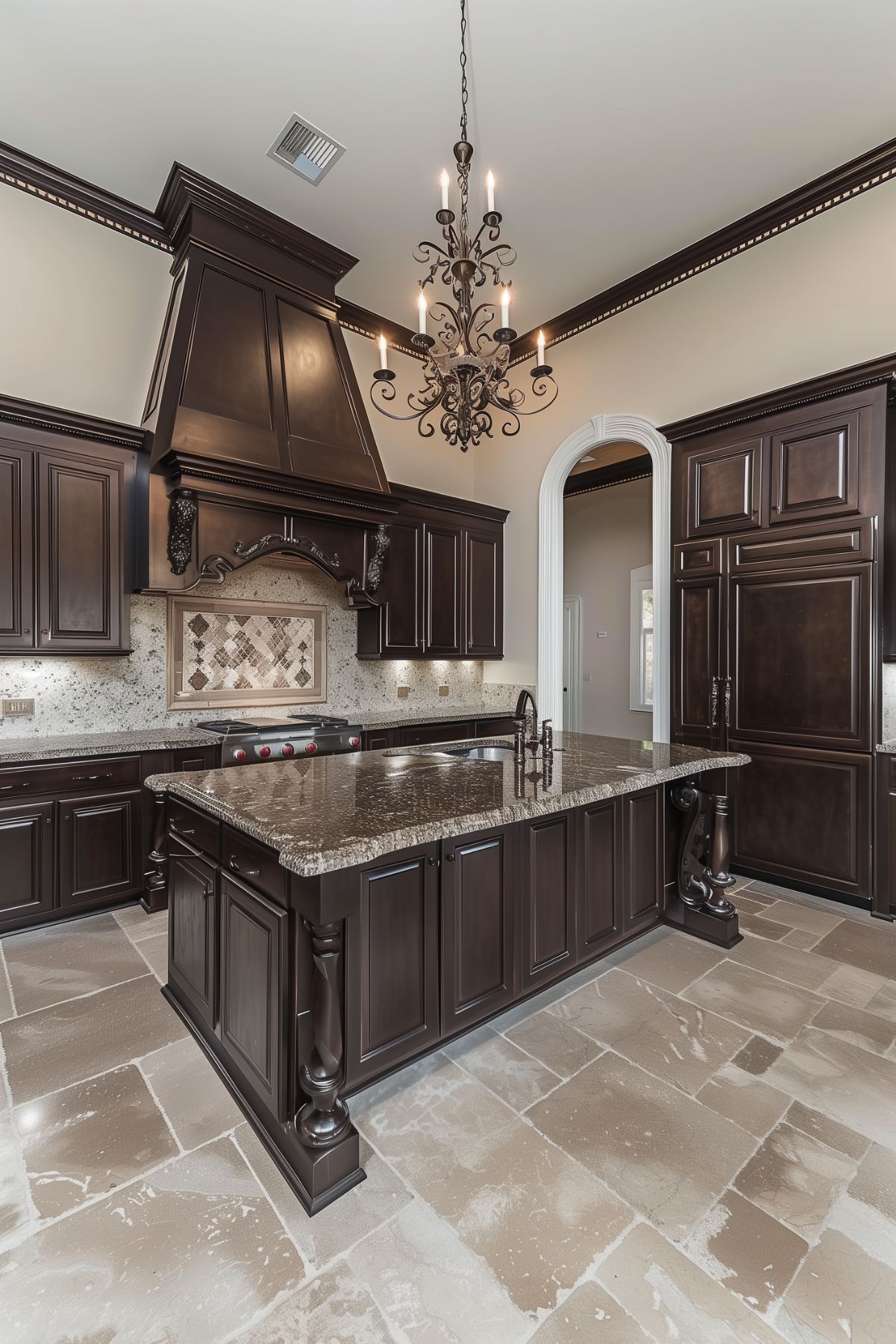 Dark brown kitchen.