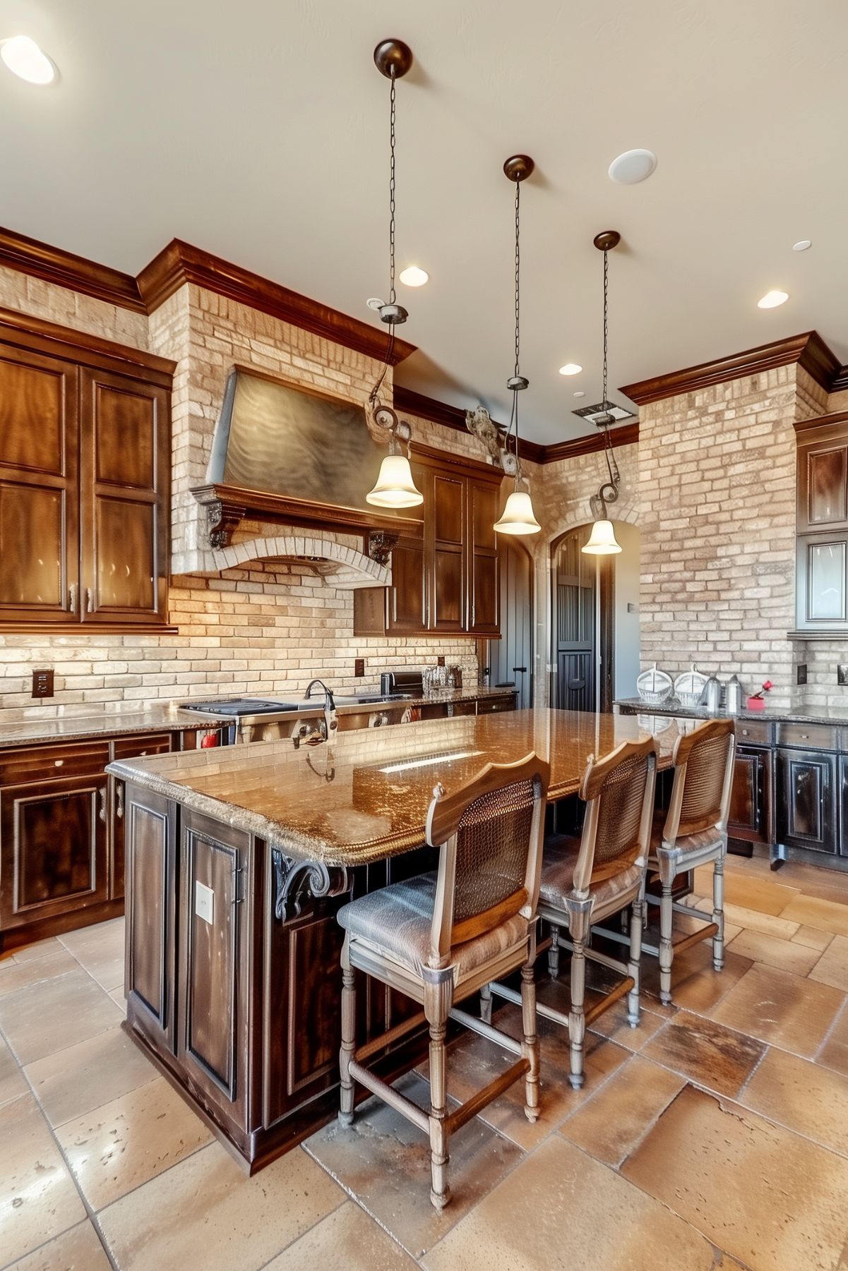 A kitchen with dark wood island.