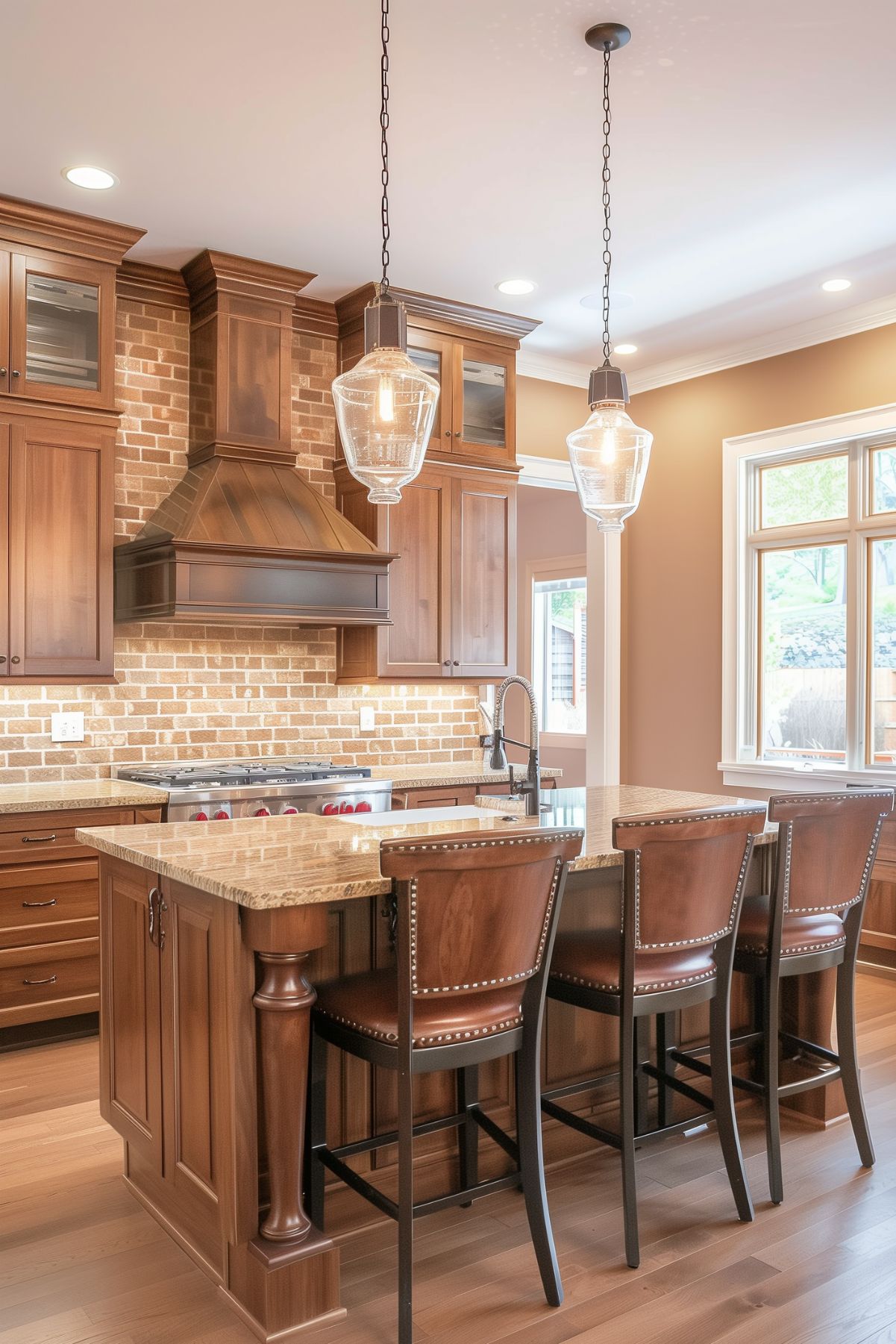 A brown kitchen with an island and 3 pendant lights.