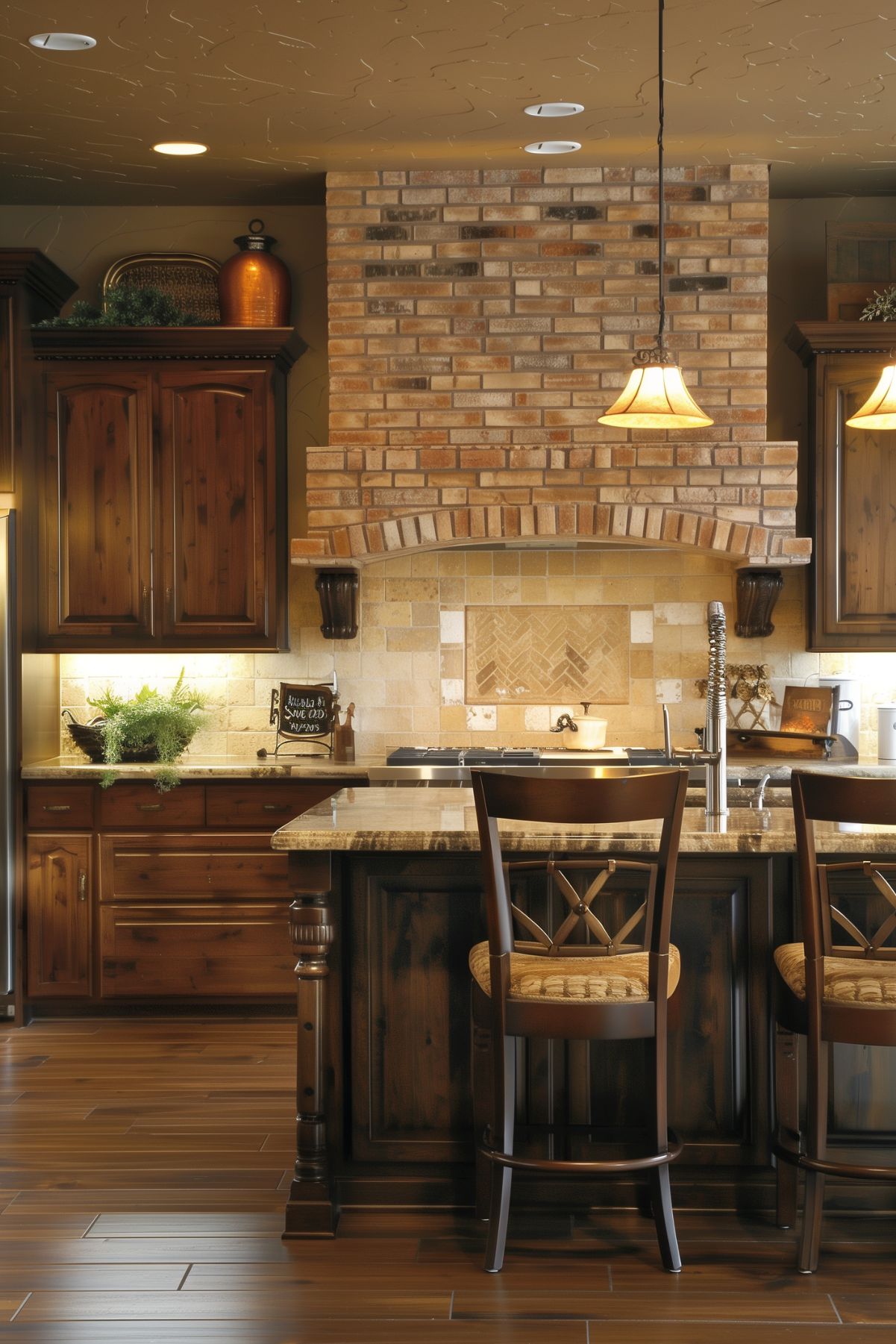 A kitchen with a brick range hood.